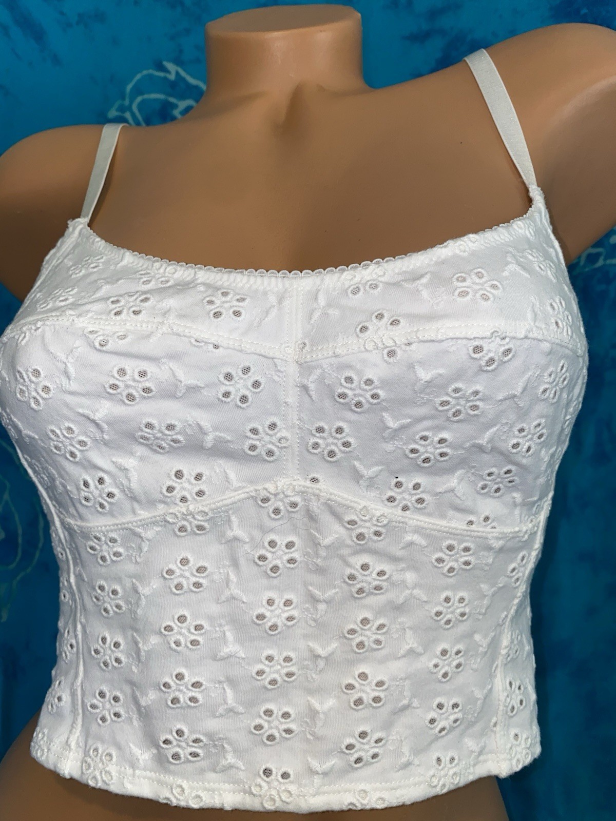 Free People BOHO Lined White Eyelet Lace Sweet Summer Cropped Cami Tank Top L