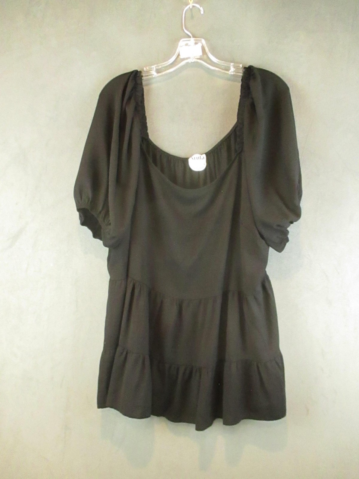 Arula Blouse Women Black 3X Tiered Babydoll Peasant Scoop Neck Puff Short Sleeve