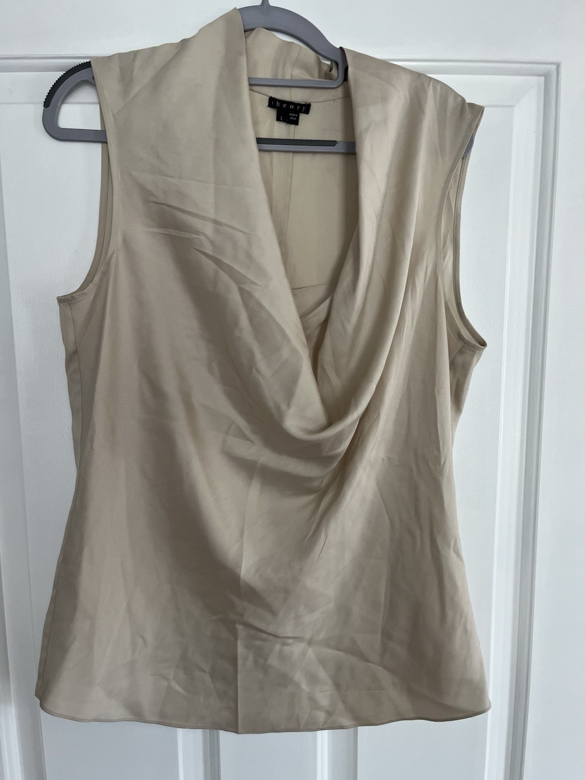 Theory Womens Silk Cowl Neck Ivory Beige Sleeveless Blouse Draped Neck Top Large
