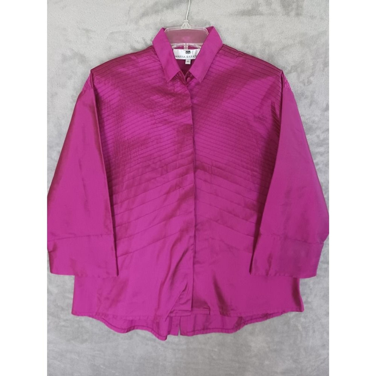 Marisa Baratelli Sz 12 Shirt Thai Silk Taffeta Magenta Pink Sheen 3/4 Sleeve