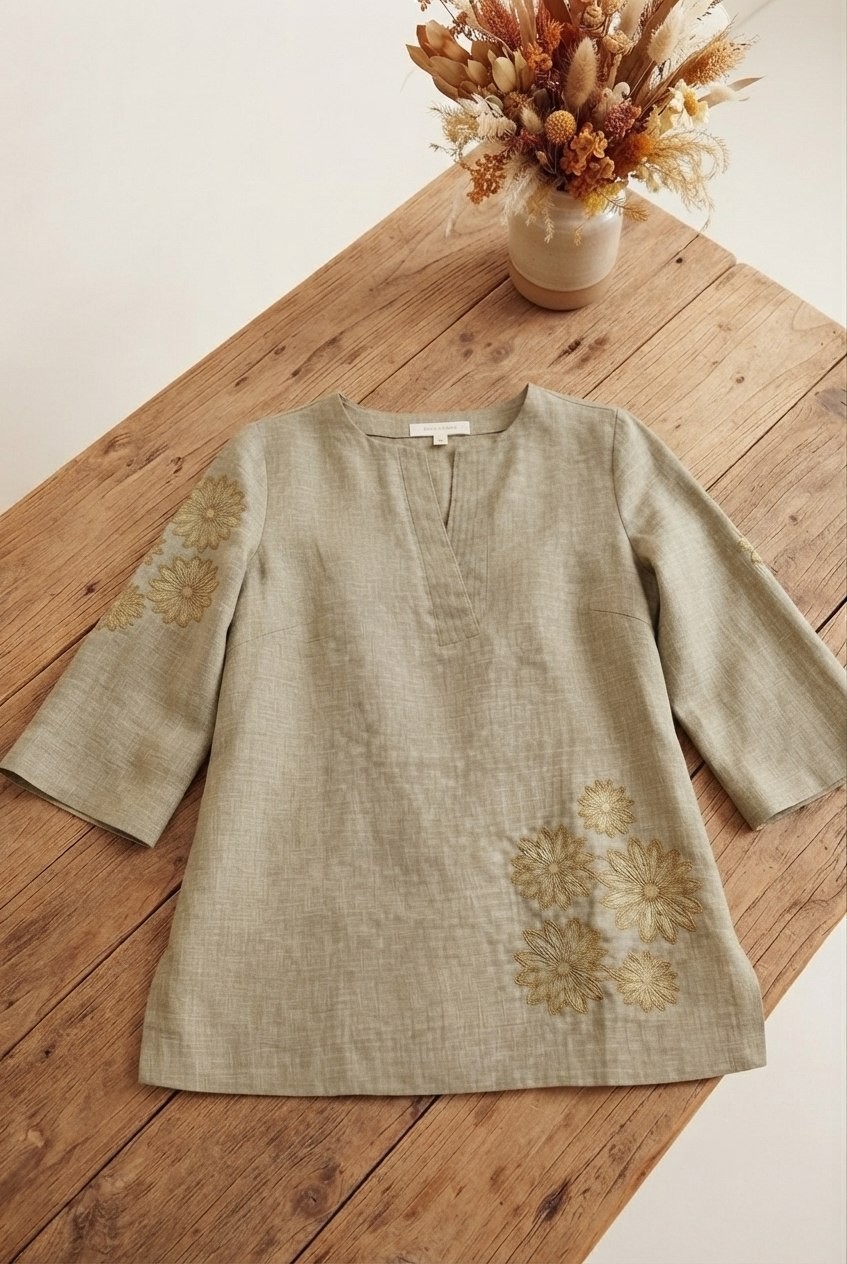 Women Olive Green Linen Cotton Embroidered Top 3/4 Sleeve Floral Tunic