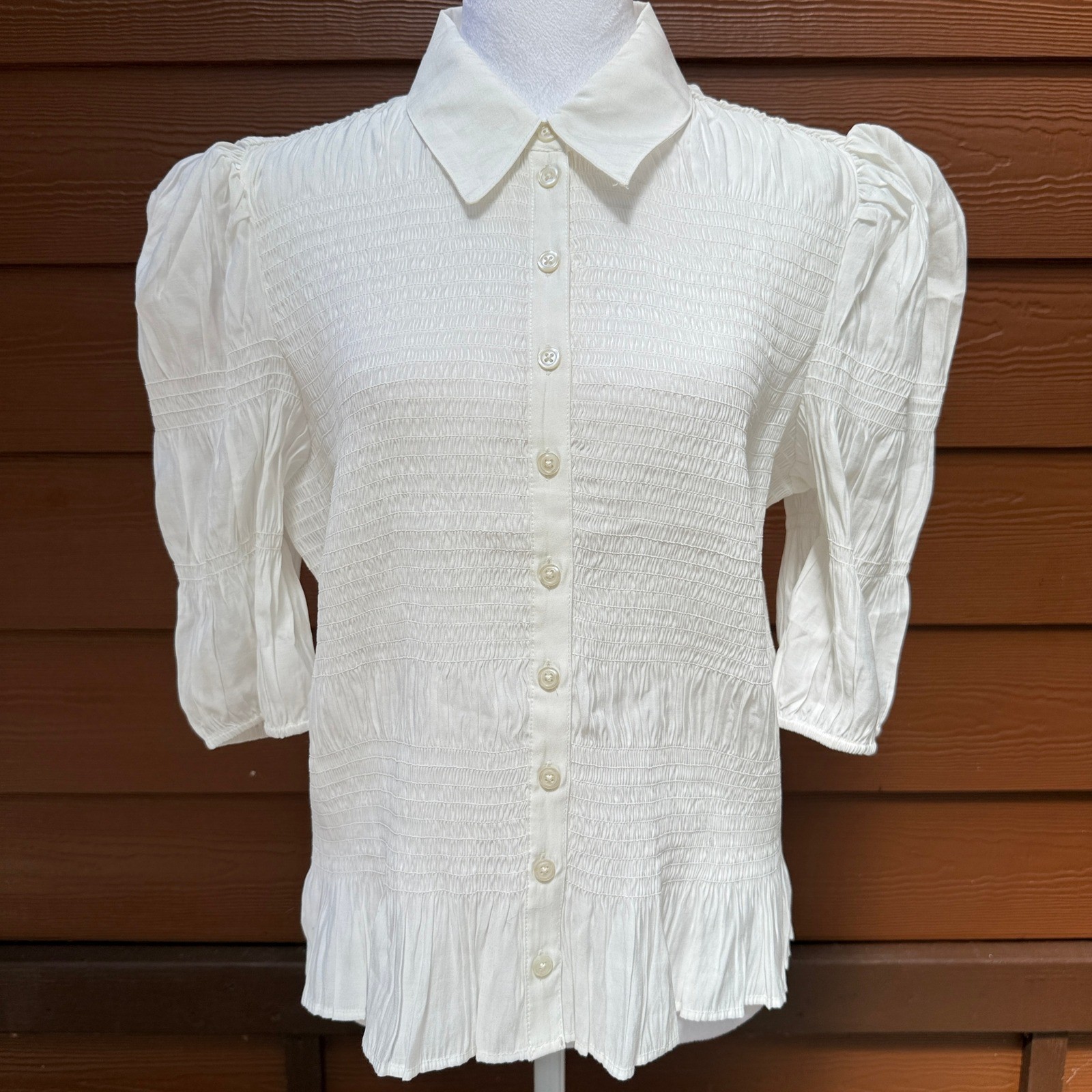 Anthropologie Smocked Puff Sleeve Blouse Womens Large Ivory Ruffle Romantic Boho