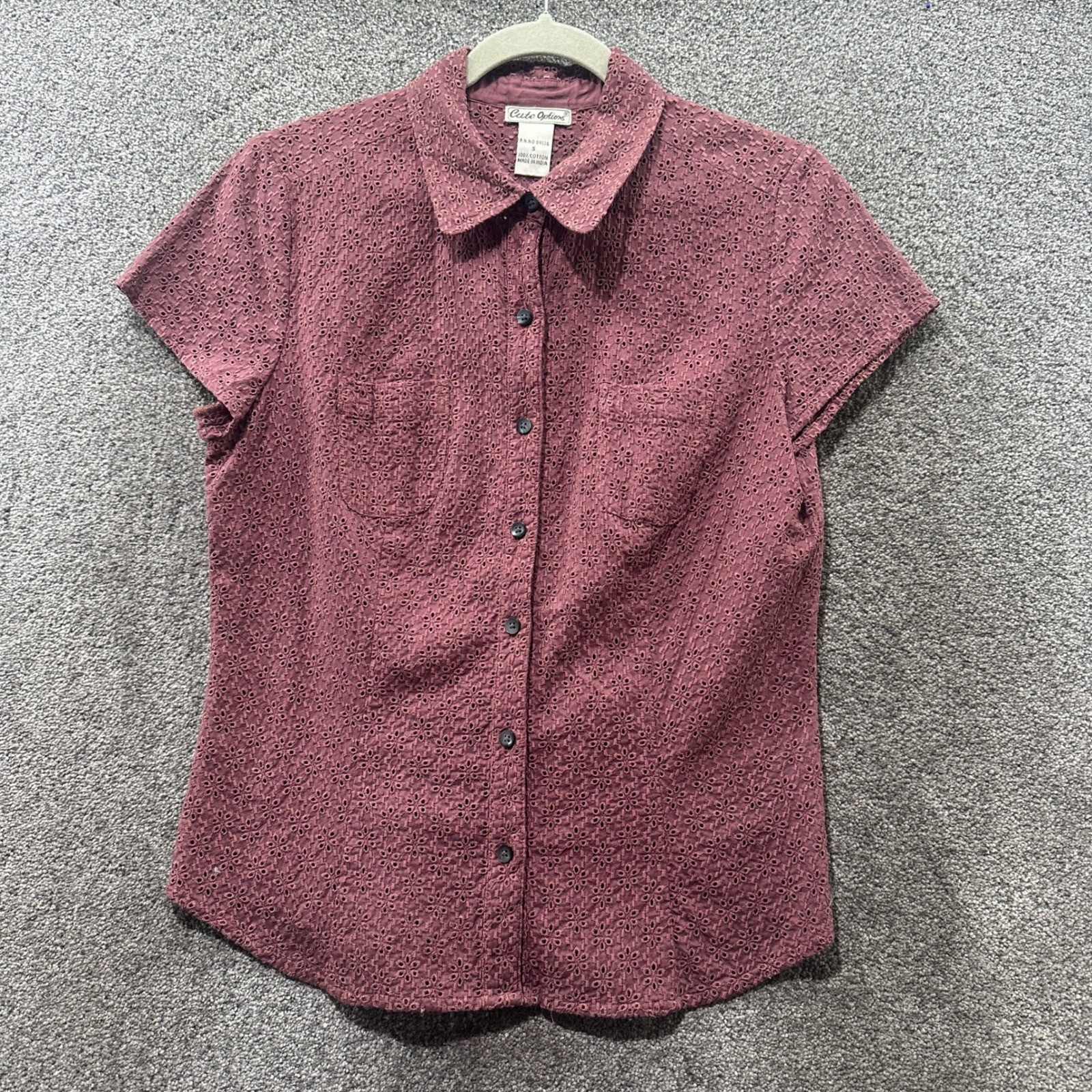 Y2k Cute Options Eyelet Short Sleeve Button Up Top Women Small Mauve Pink Cotton
