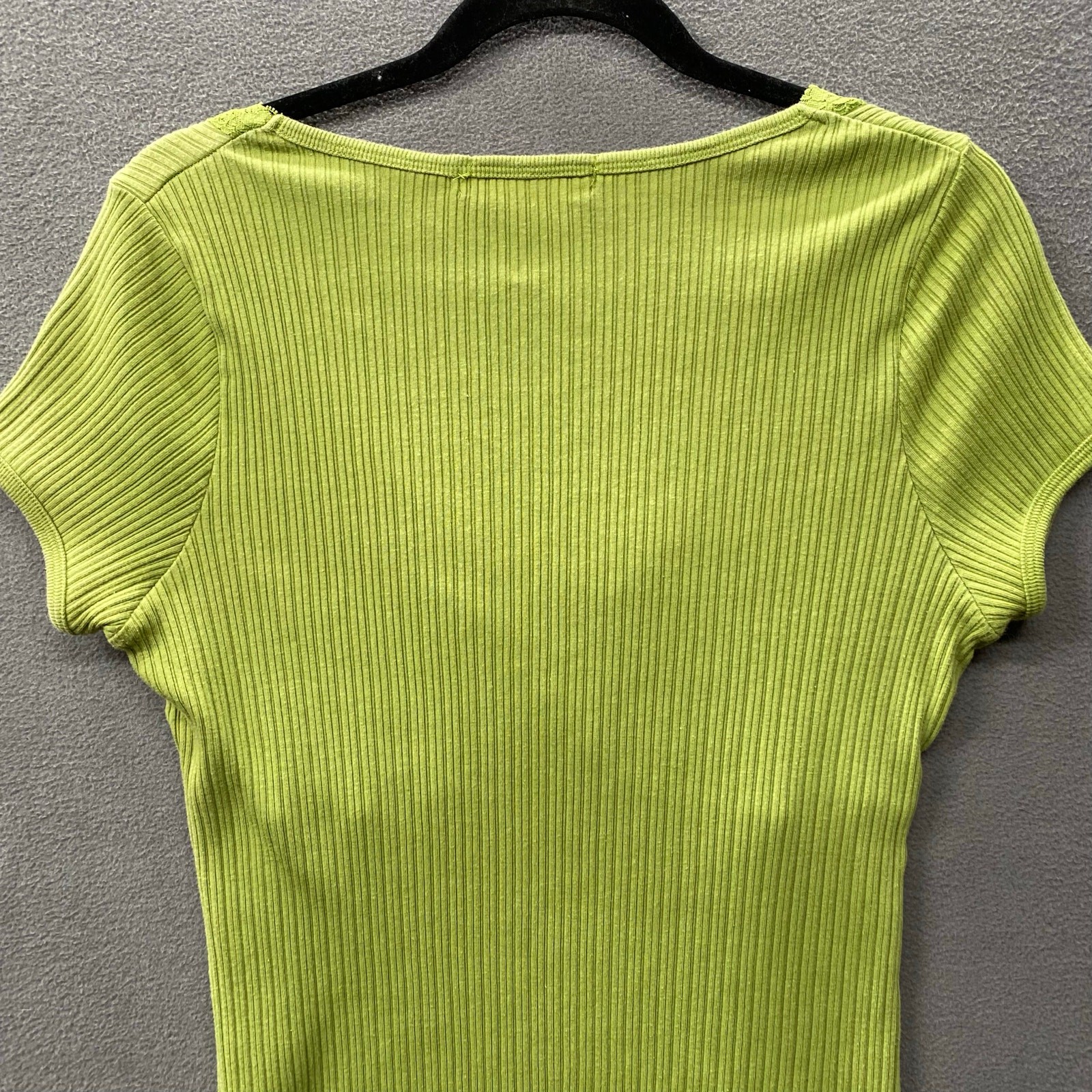 Vtg Y2K 00s Babydoll Jersey Knit Ruched Lace V Neck Lettuce Hem Top 1X LimeGreen