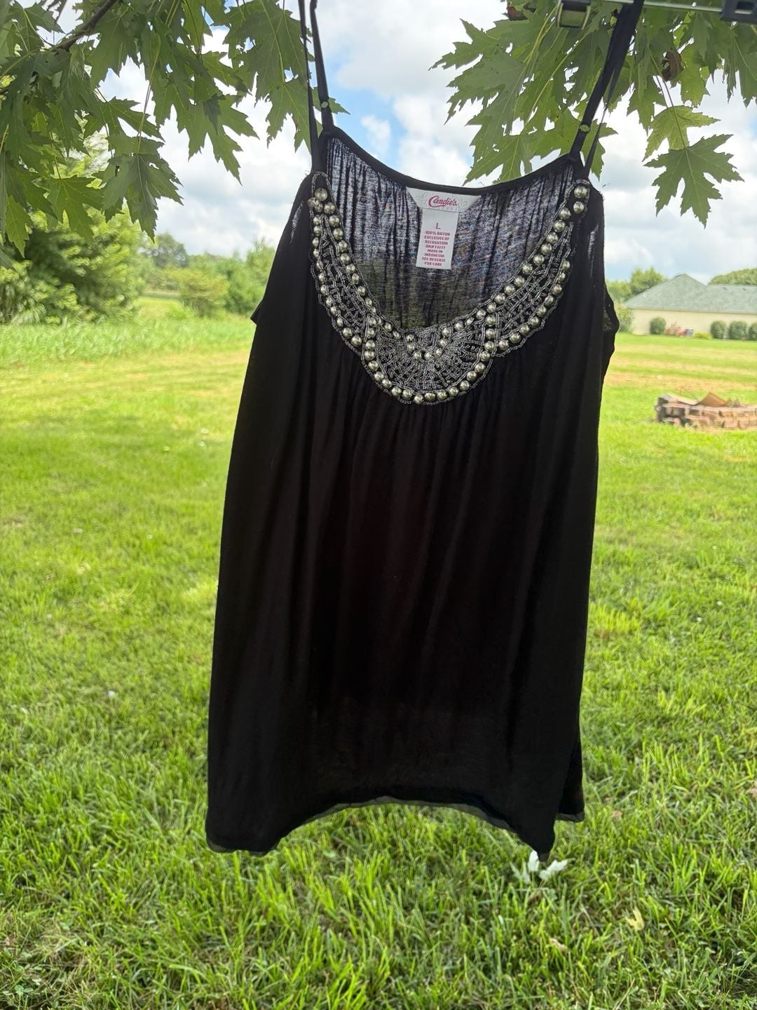 Candie’s Black Spaghetti Strap Tank Top with Beaded Neckline Detail, Size Large