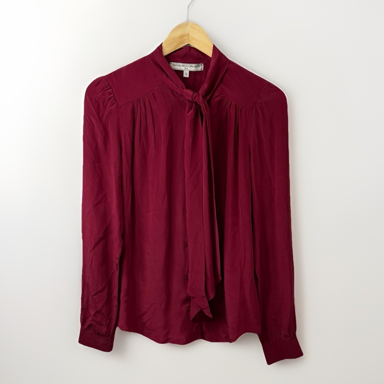 What Goes Around Comes Around 100% Silk Bow Tie Blouse M Burgundy Secretar