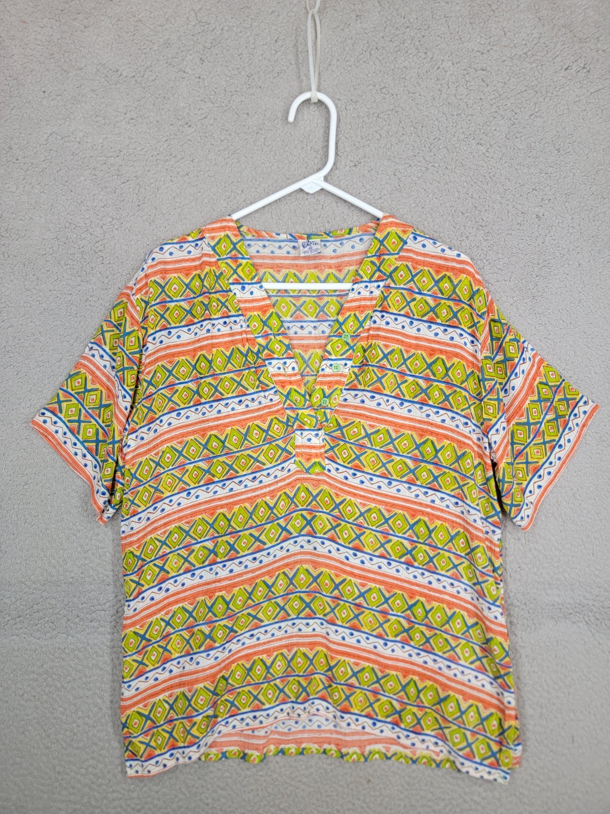 Vintage Hippie Boho Tribal Print Tunic Top Medium Blue Earth Geometric Beach