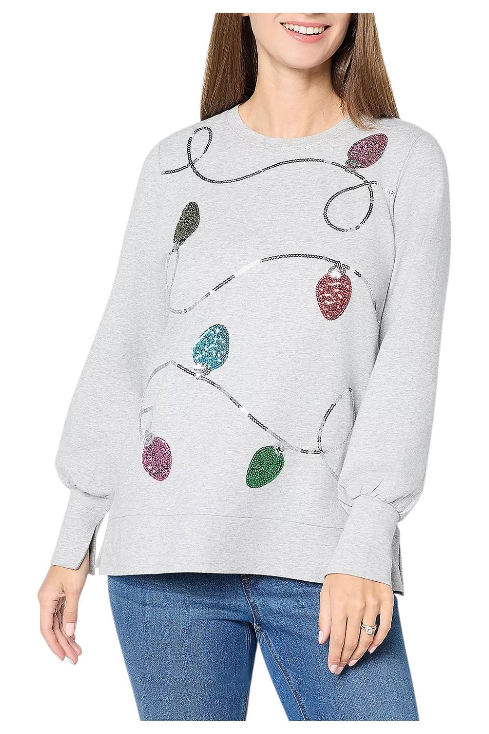 Jingle Belles by Kim Gravel Women’s Sequin Holiday Lights Top Gray