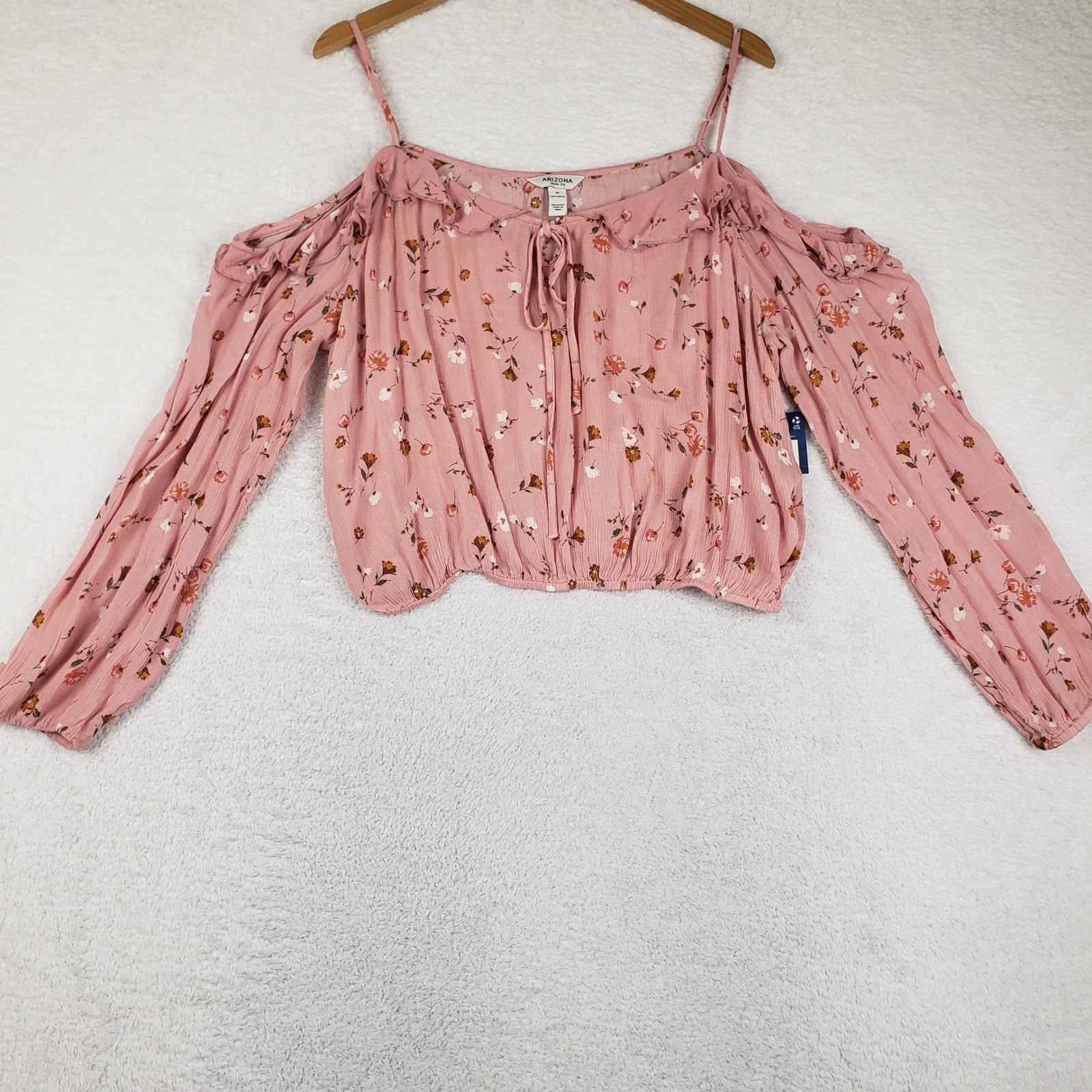 Arizona Jean Co Pink Floral Cold Shoulder Ruffle Tie Front Blouse XL Rayon Top