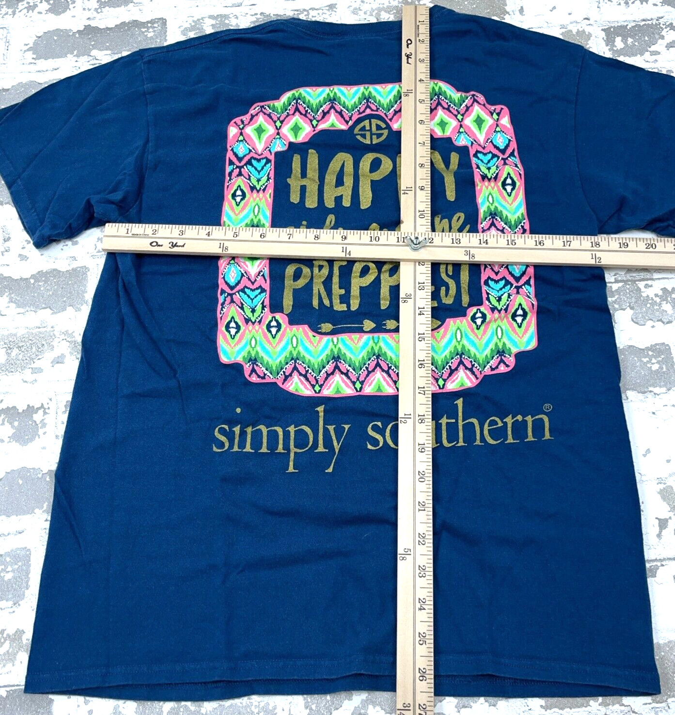 Simply Southern Shirt Women Medium Blue Tee Spell Out Happy Preppy Ladies A46