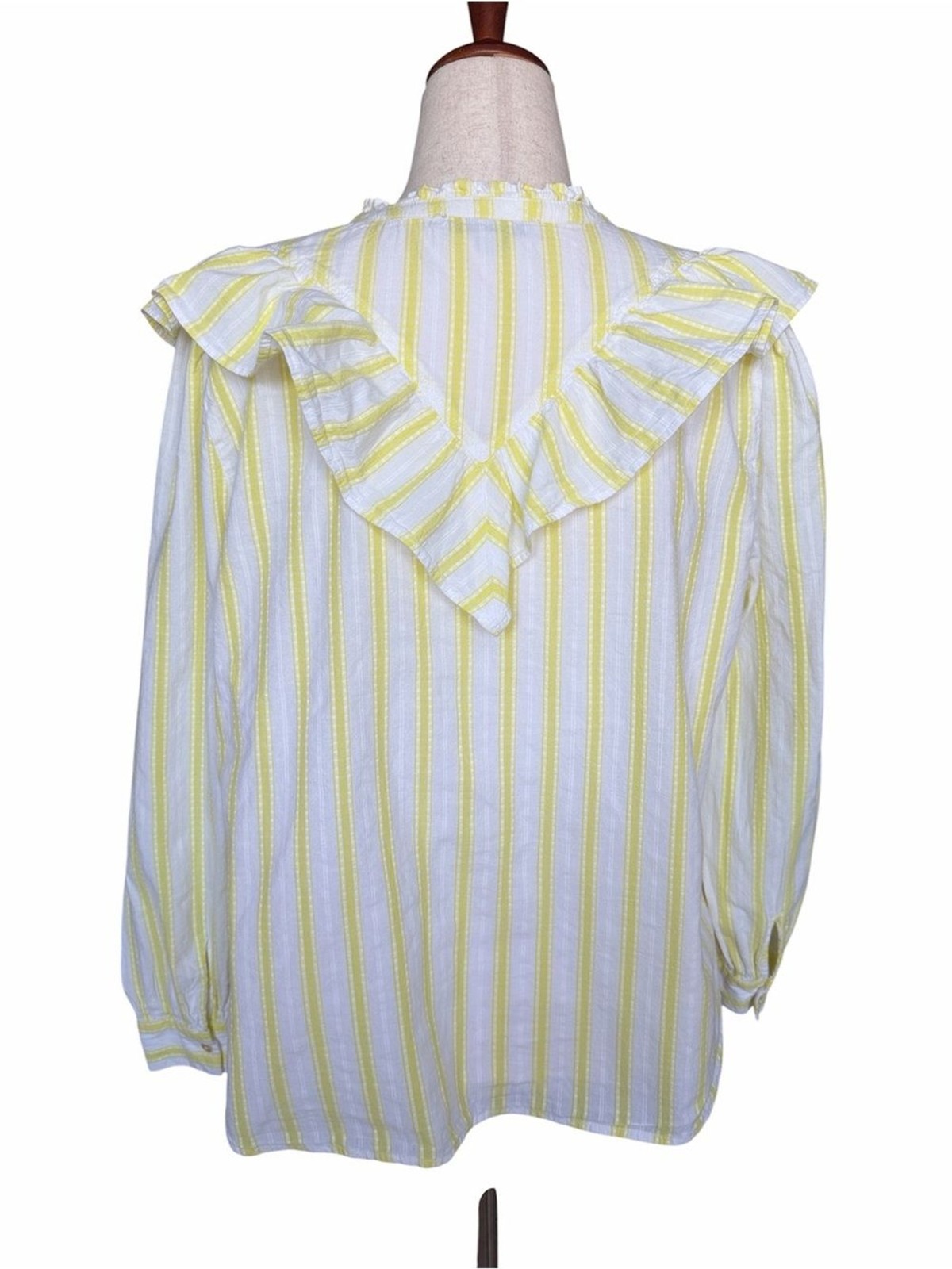 LOFT XL Yellow White Stripe Ruffle Collar Button Front Cotton Blouse Cottage