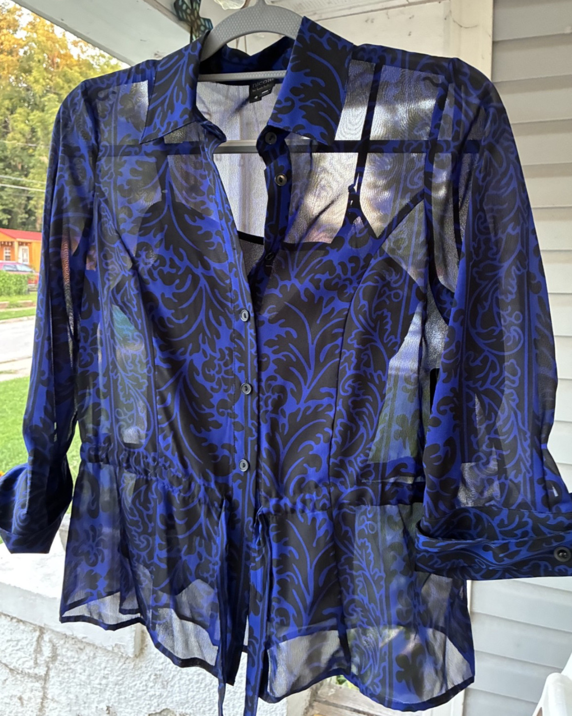 Nicole Miller Blouse Blue&Black Sheer w/Camisole Long Sleeves Button Up NWT
