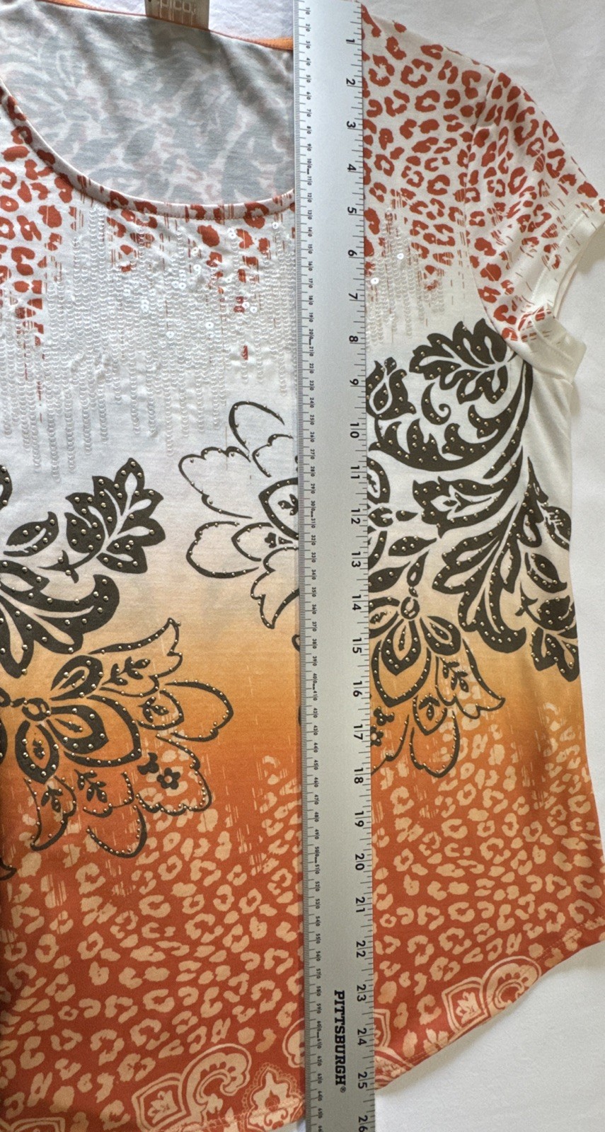 NWT$69 Chico’s Marmalade Floral Orange White Embellished Top Sz 0, Sequin Tee