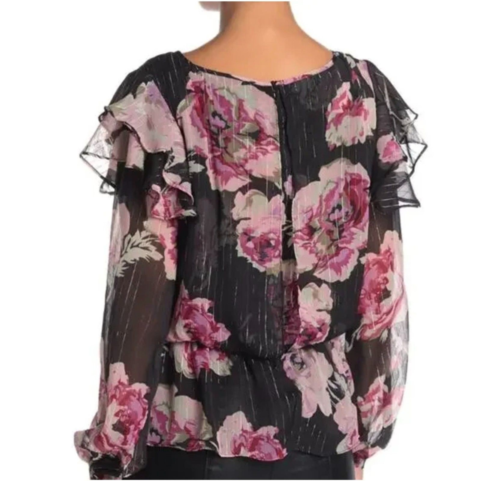 Walter Baker Evelyn Floral Blouse XL Black Pink Ruffle Metallic Silk Blend