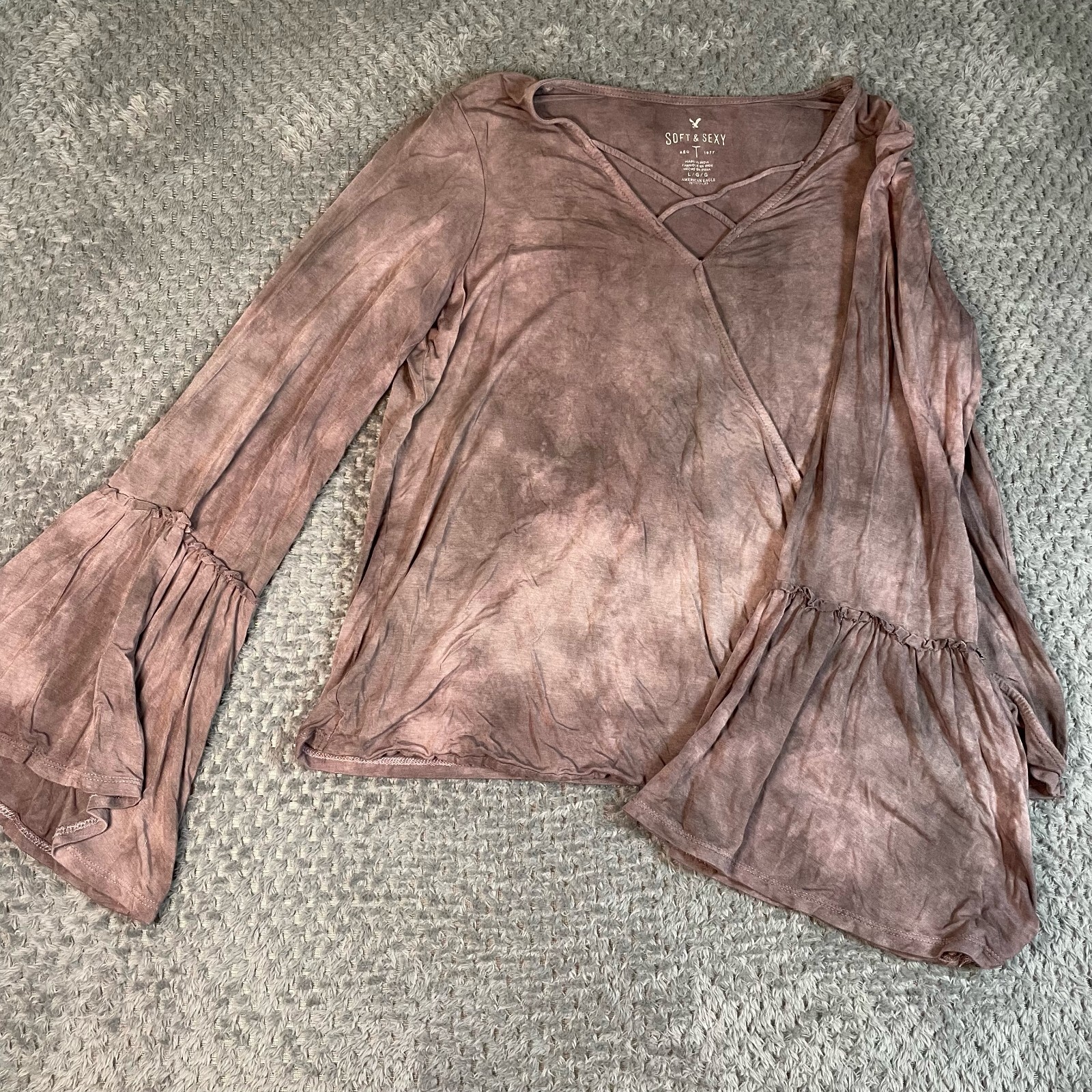 American Eagle Soft & Sexy Tie Dye Wrap Top Size L Bell Sleeve Fairy Festival