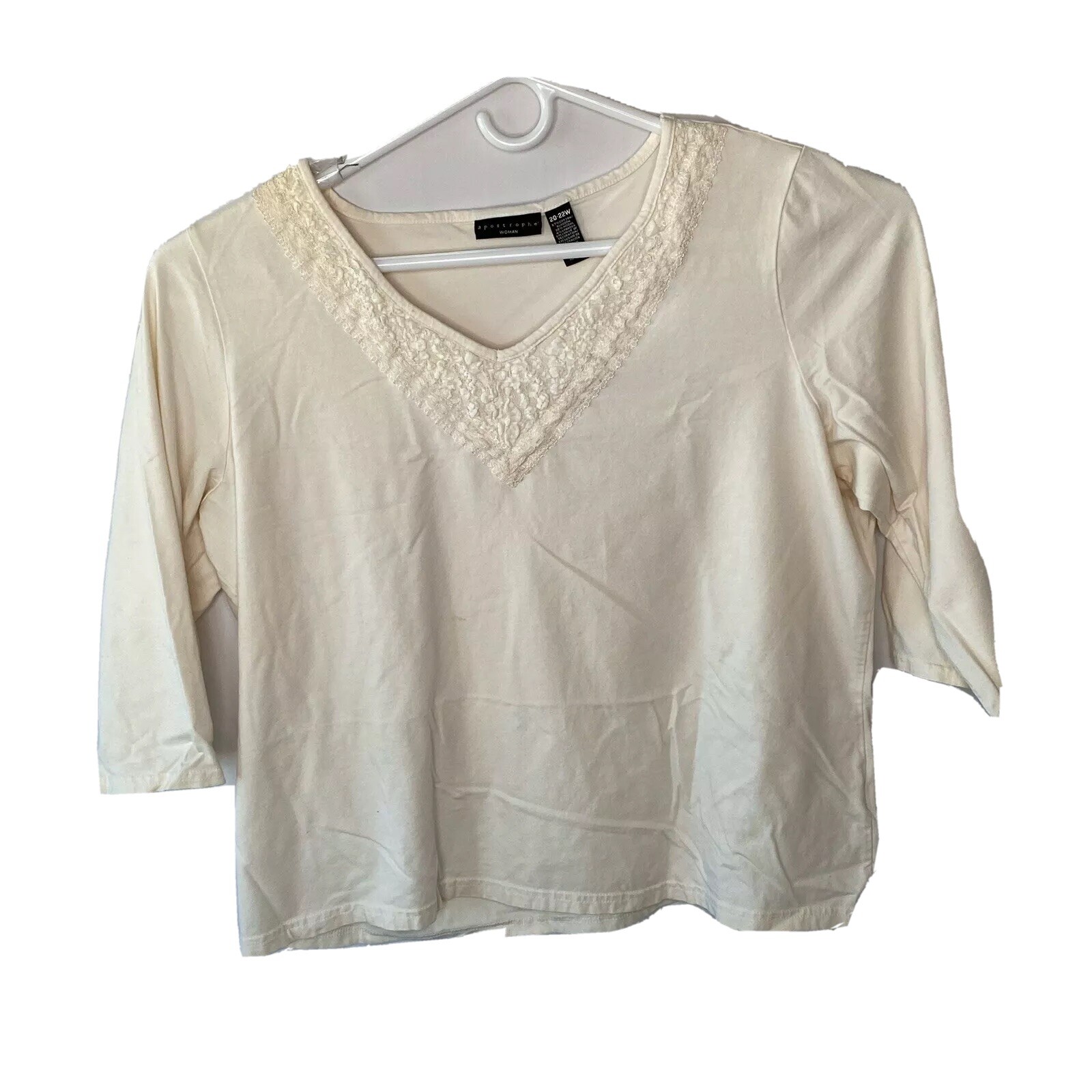 Apostrophe Stretch Top Shirt Womens Plus 20 22W 3/4 Sleeve White Ivory
