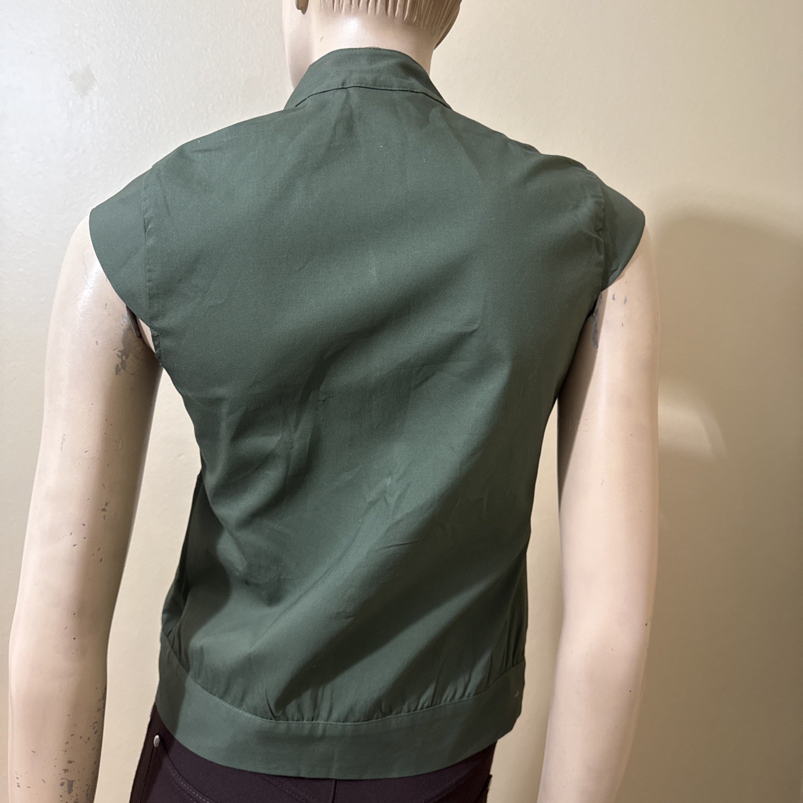 Women’s Forest Green Cotton Casual Stretch Unlined Zipper Size S Blouse Top Vest