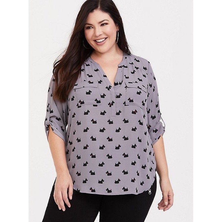 Torrid Scottie Dog Georgette Harper Blouse 2 Gray Roll Tab Sleeve Pocket Terrier