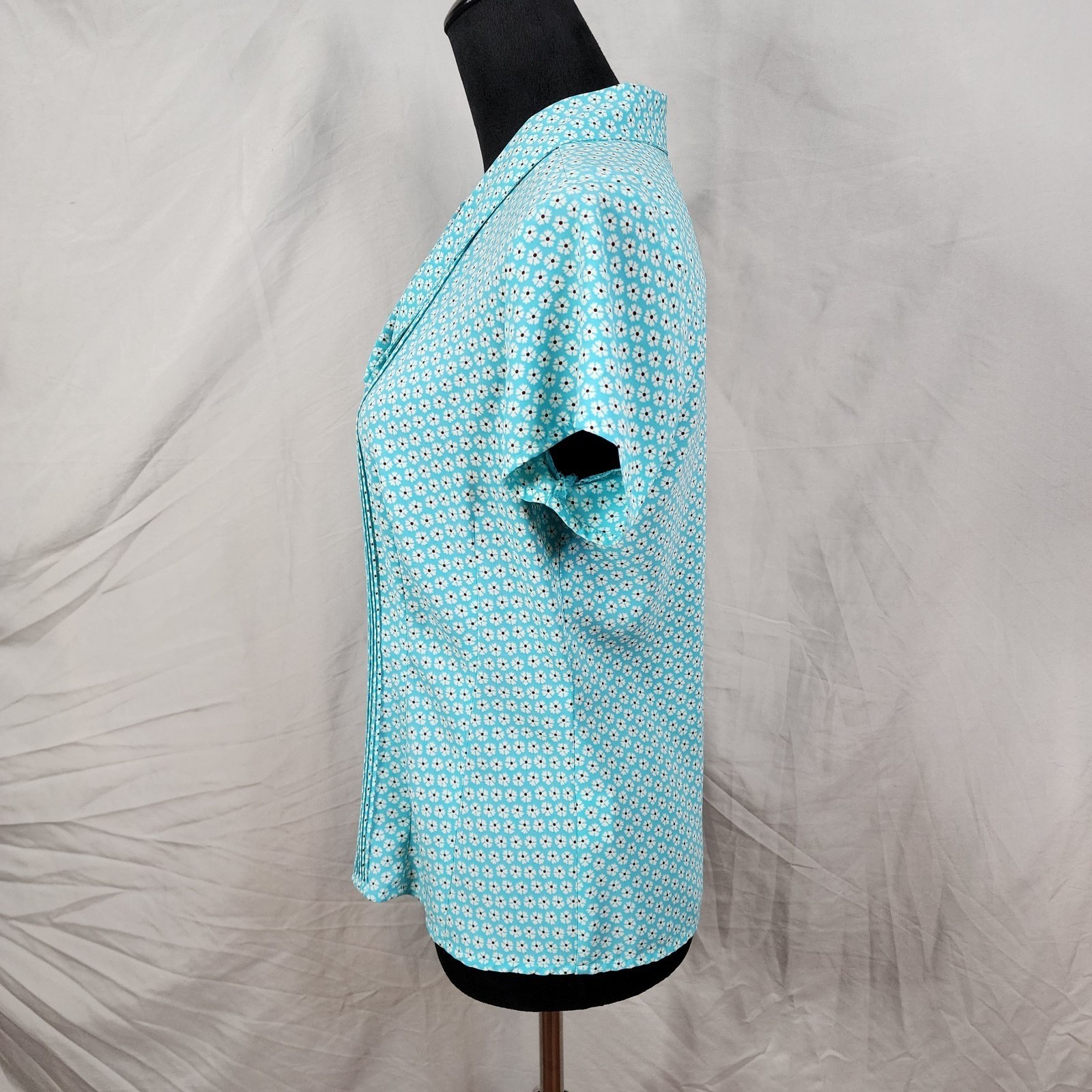 COVINGTON Size Small Turquoise Blue Ditsy Floral Pleated Shawl Collar Blouse EUC