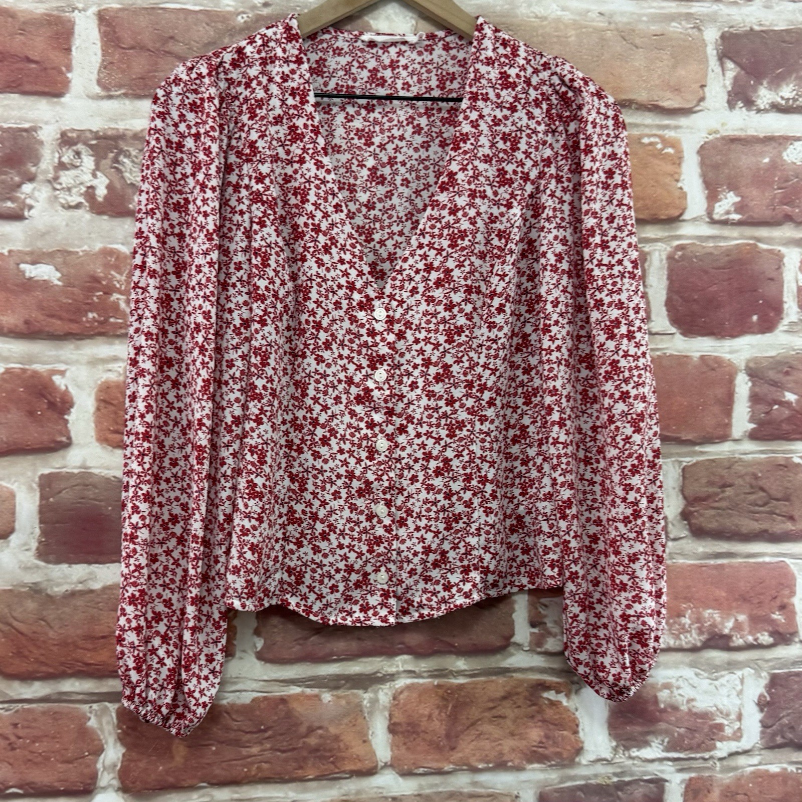 Lush Top Womens S Red White Cottage Ditsy Floral Peasant Sleeve Button Up Shirt
