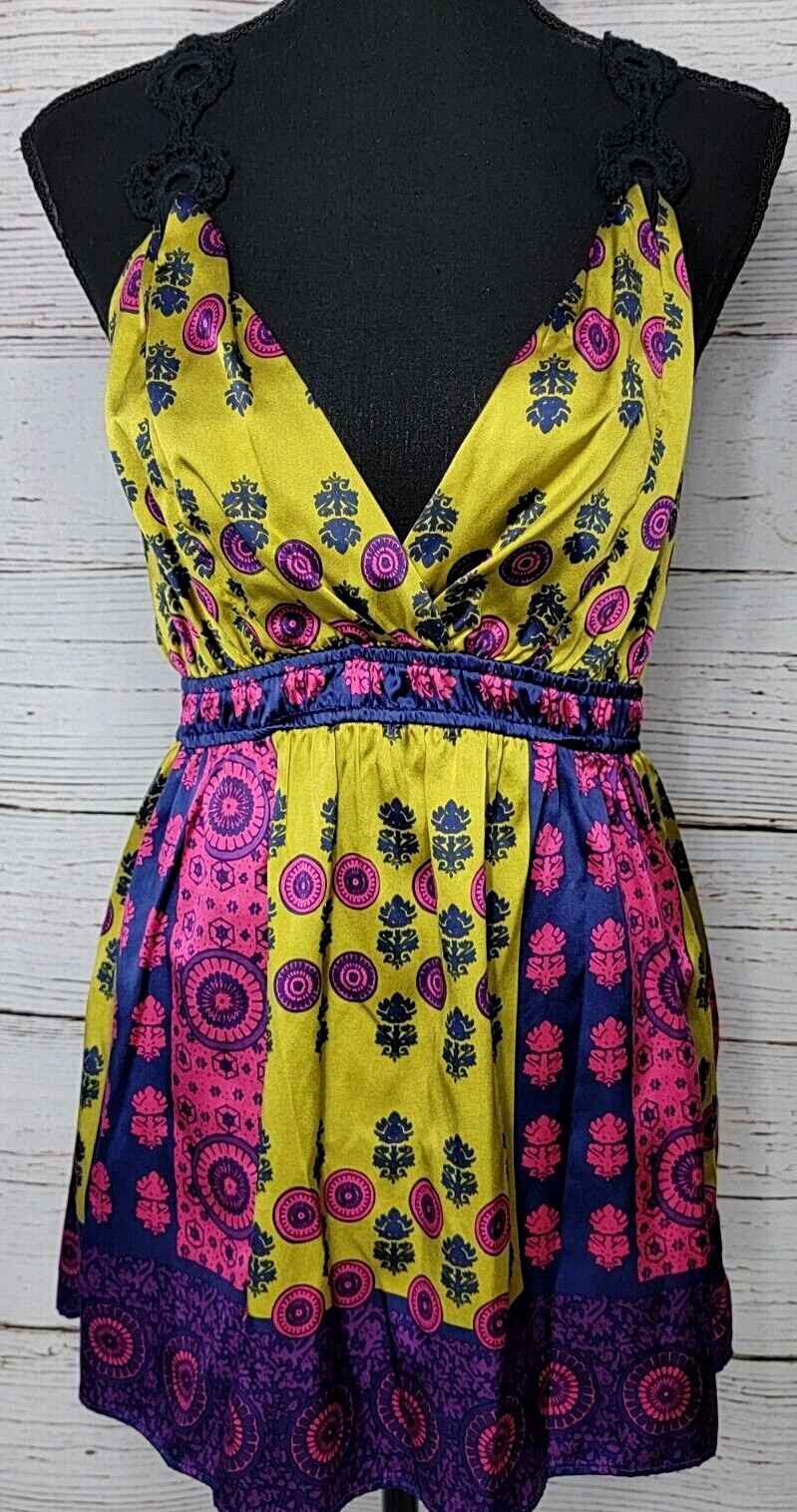 Hale Bob Multi Purple/Fuchsia/Green Silk Babydoll Camisole Tank Crochet Back M