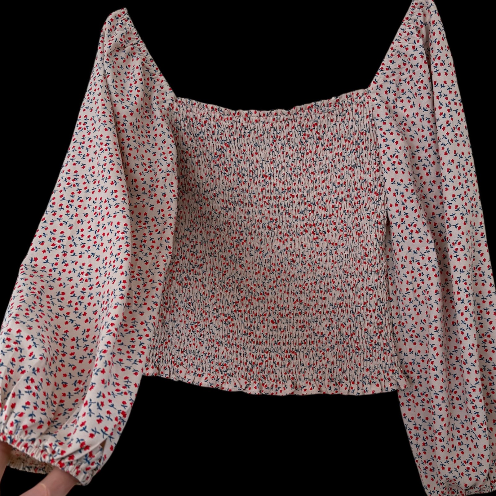 Ditsy Floral Smocked Blouse Medium Square Neck Puff Sleeve Top Cottagecore Boho