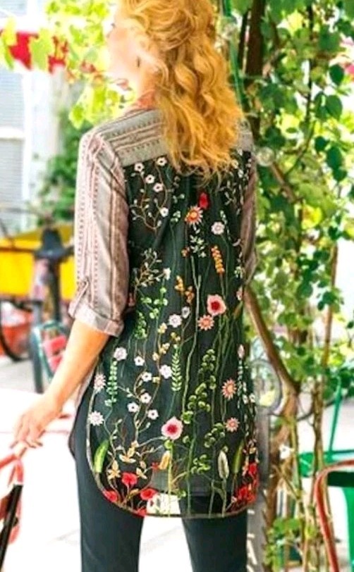 Soft Surroundings Tunic Top S Boho Long Ruffle Embroidered Roll Tab Cuff Button