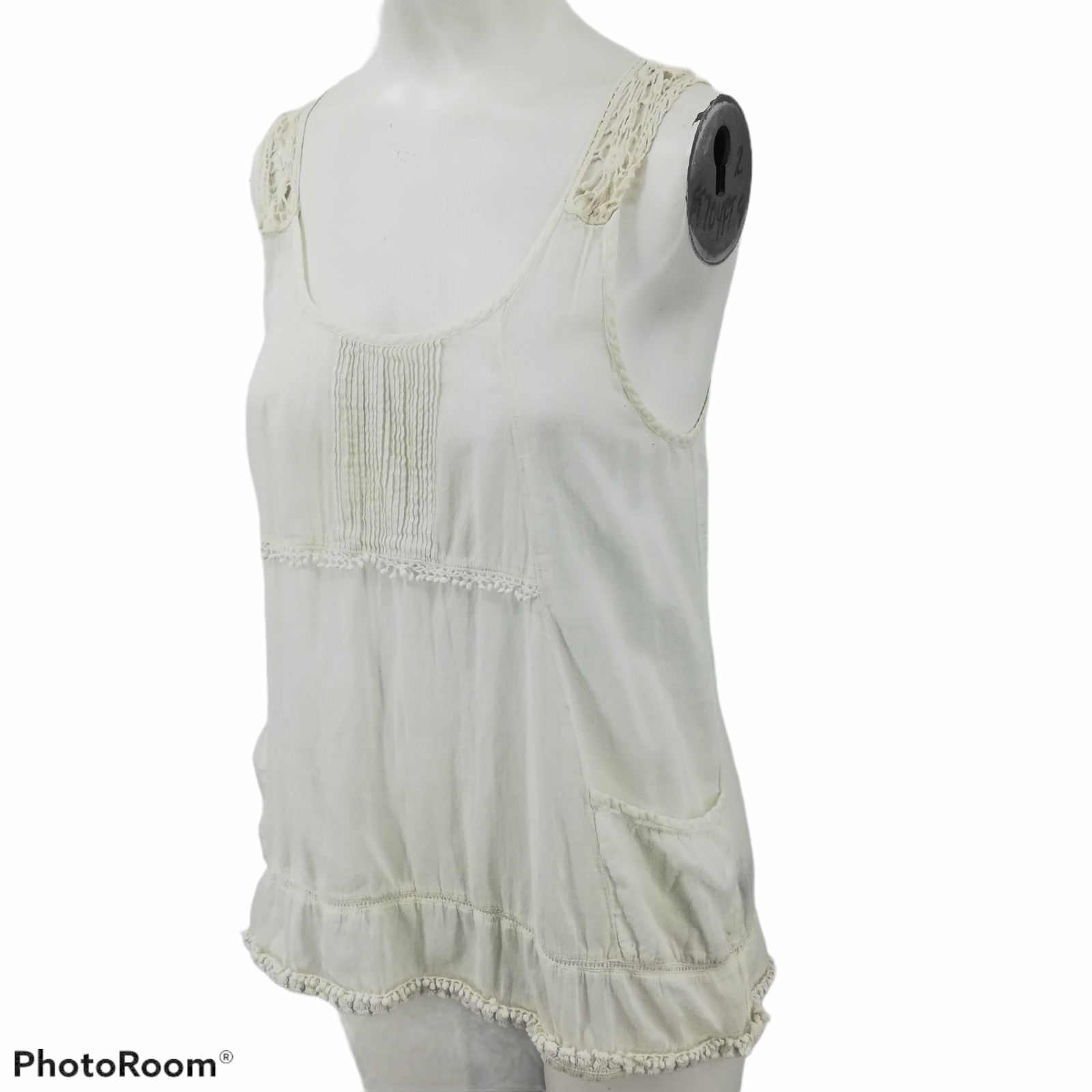 Hippie Laundry Sheer Tank Top Size M Crochet Straps Decorative Back Poms Boho
