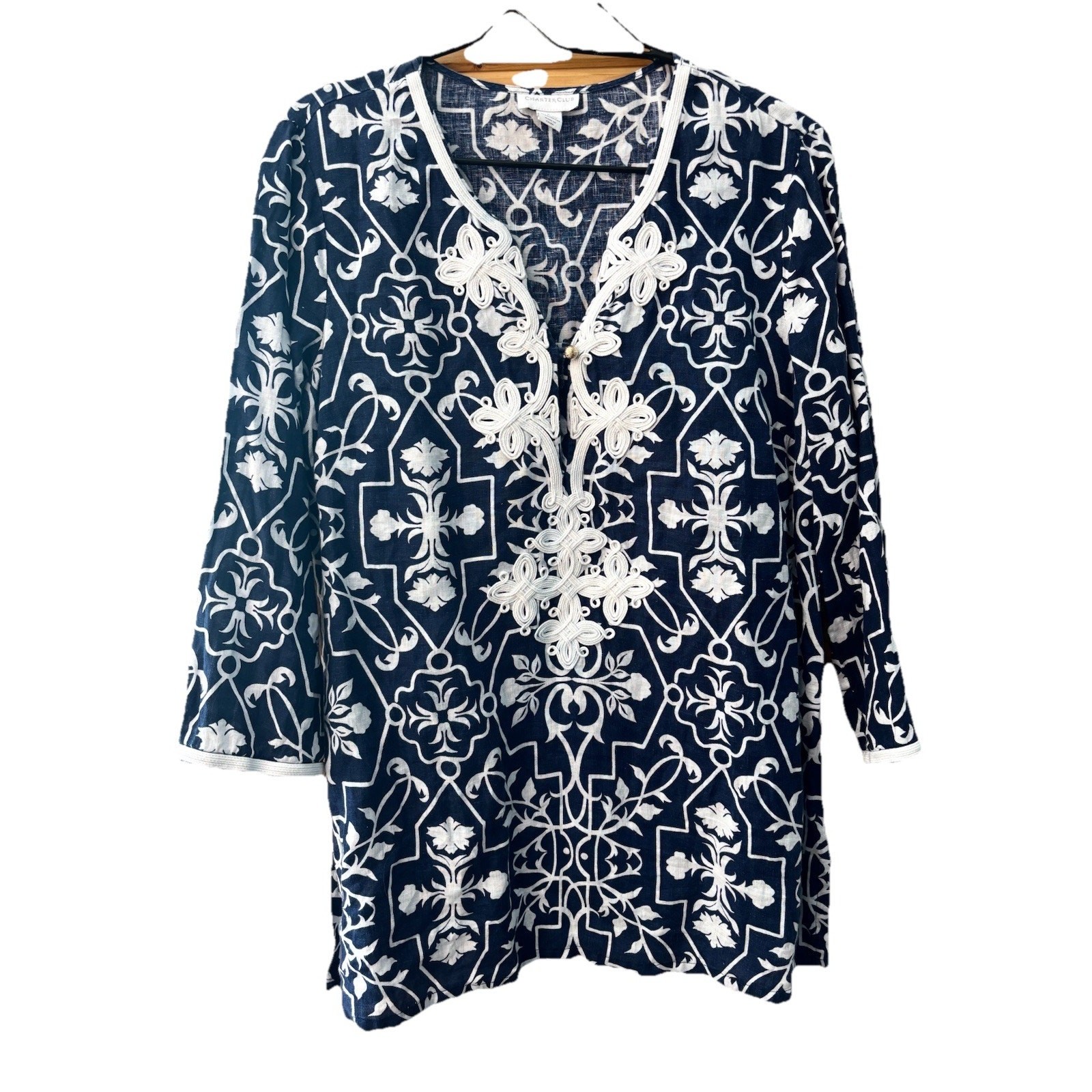 Charter Club Navy Blue White Tunic Sz L Linen Embroidery V Neck Beach Vacation