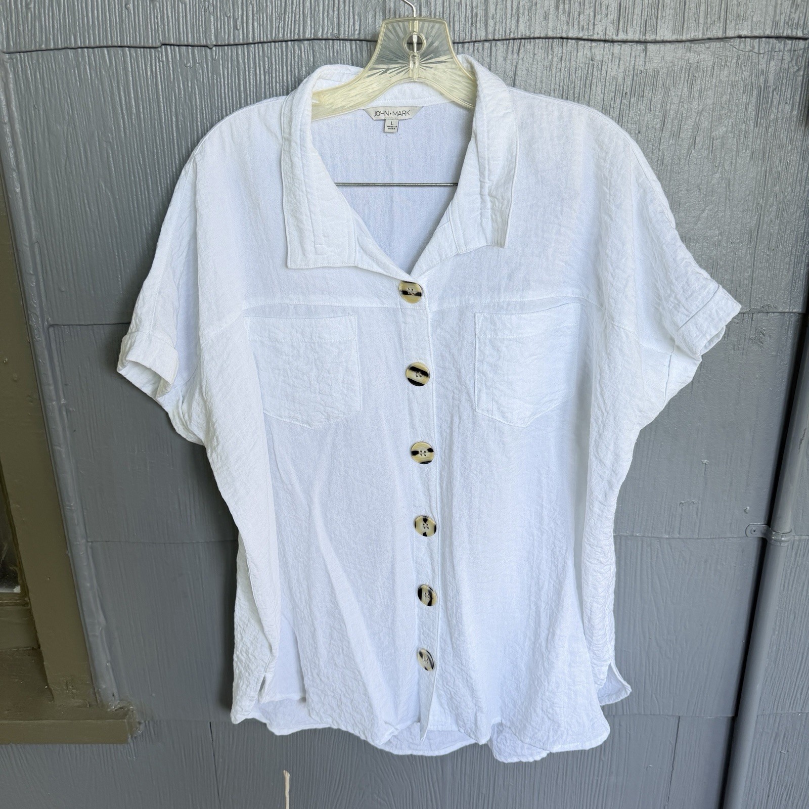 John Mark Tunic Top Blouse Women’s L White Button Down Oversized Short Sleeve