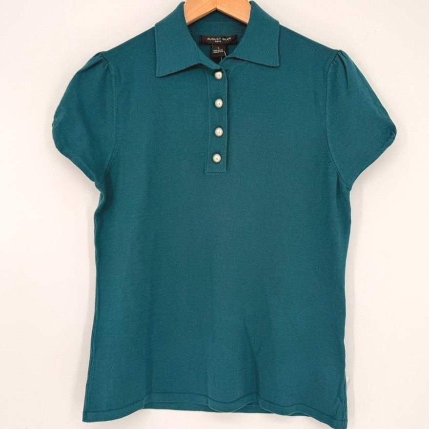 August Silk Womens Teal Blue Silk Blend Puff Sleeve Polo L Twee Dark Academia