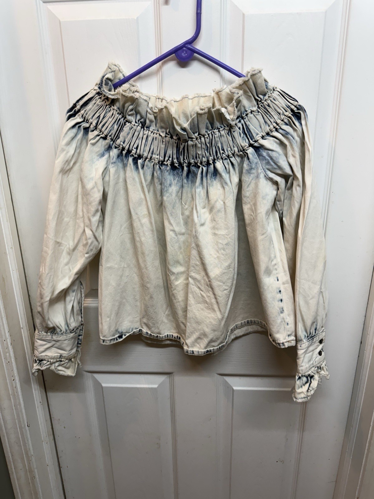 MSGM Milano Denim Off Shoulder Top Boho Y2K Size 40 Bleached Denim Cuffs Ruffled