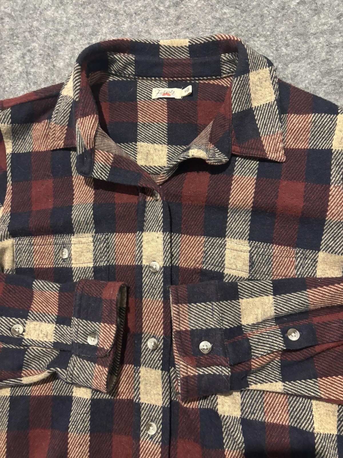 Faherty Shirt Womens Medium Red Navy Tan Plaid Flannel Button Down Long Sleeve