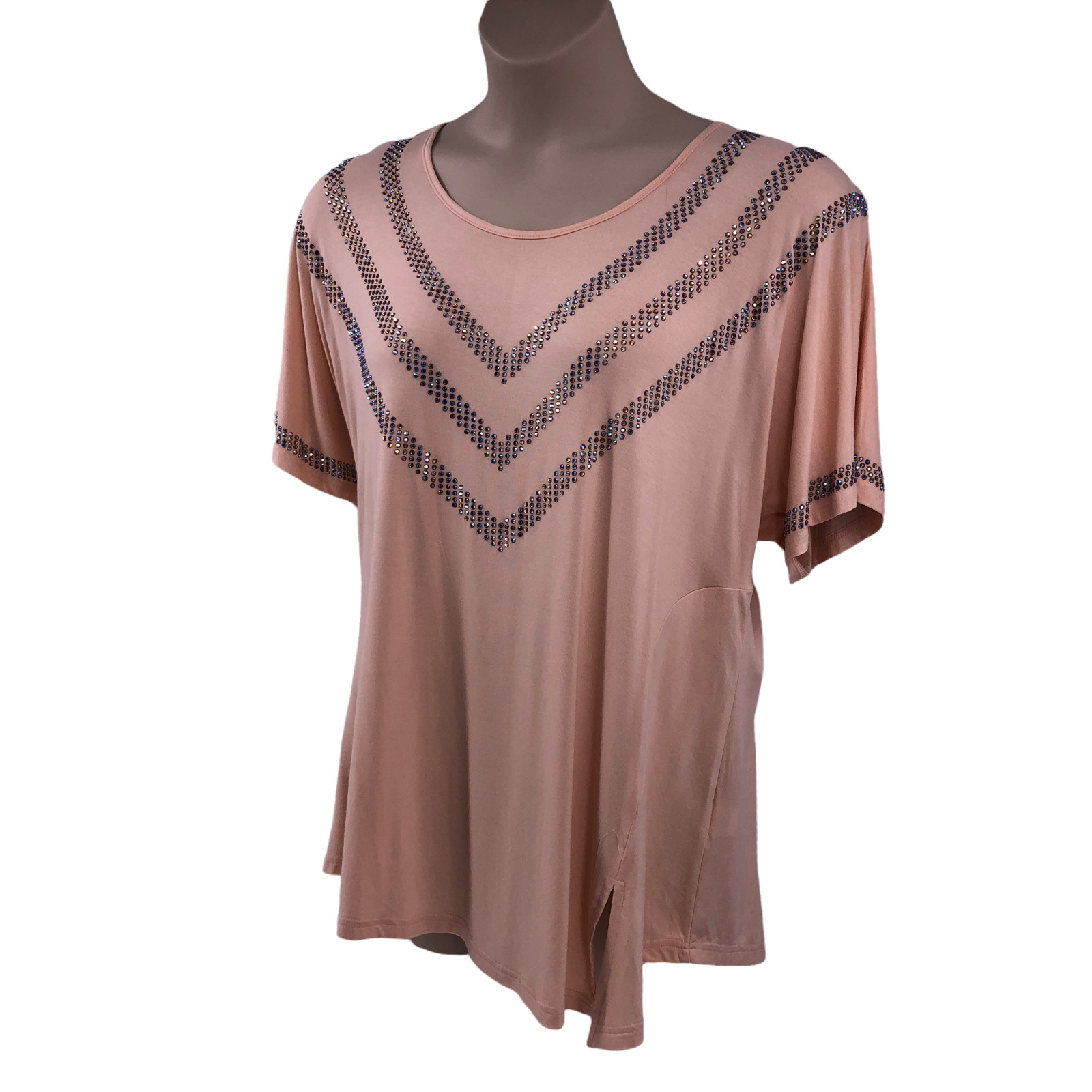 Davi & Dani Womens Knit Top Size Large Peach Dolman Short Sleeve Bling NEW