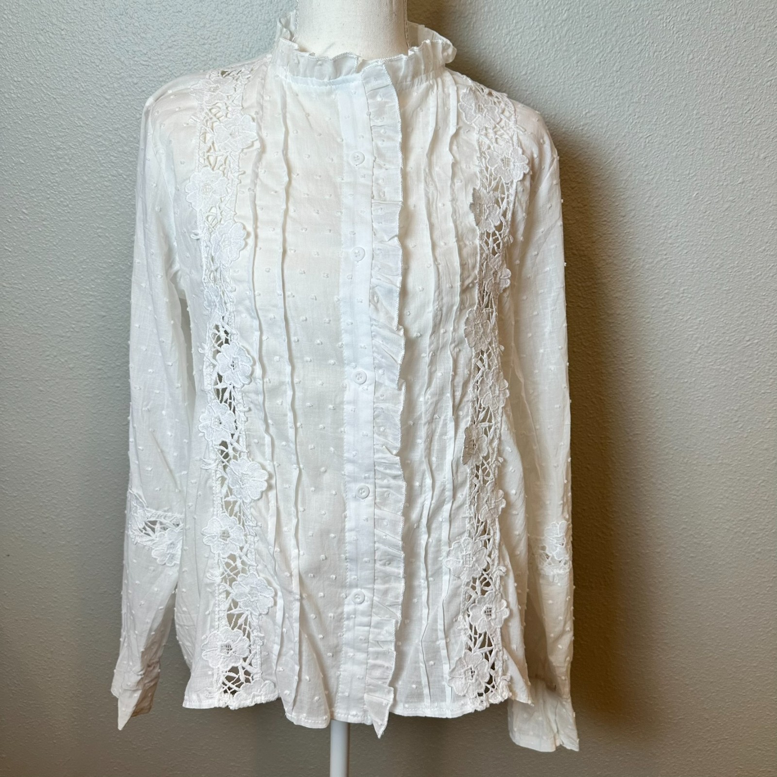 White Swiss Dot Lace Blouse Ruffle Mock Neck Boho Victorian Cottagecore Top Sz S