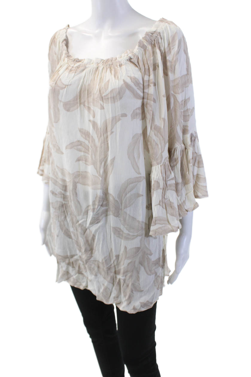 Elan Womens Textured Scoop Neck Long Sleeve Pattern Blouse White OS