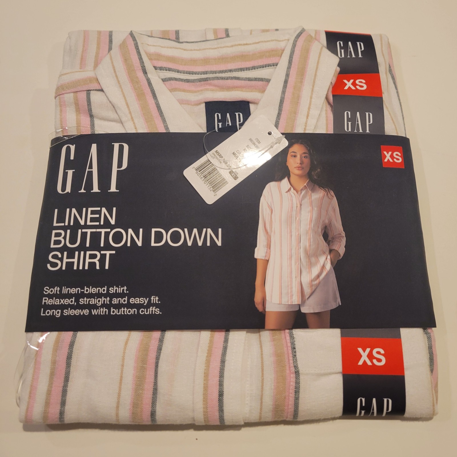 NEW GAP Linen Blend Button Down Shirt Women XS Pink Stripe Relaxed Fit Long Sl