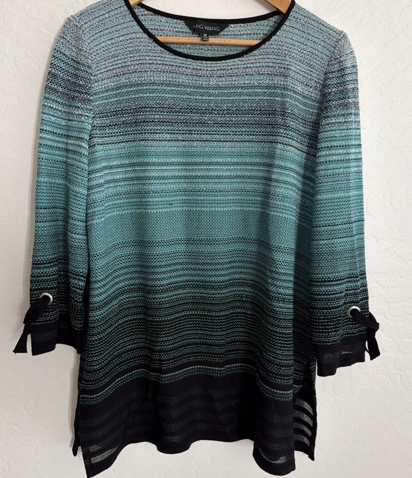 Ming Wang Teal Black Gray Ombré Striped M Knit Tunic Top 3/4 Sleeve Classic Chic