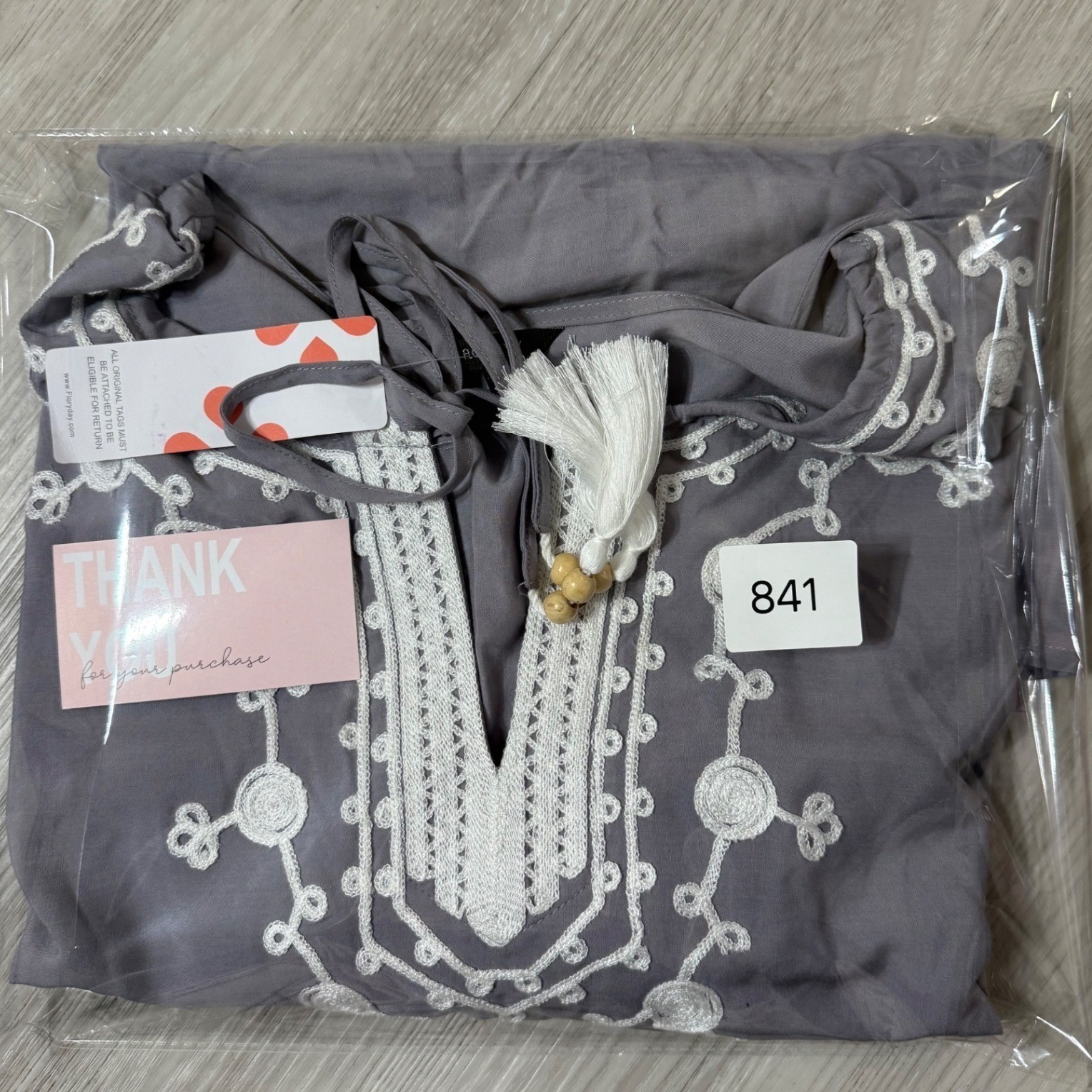 Floryday Grey Embroidered Boho Tunic Top Bell Sleeve Tassel Tie Size L NWT