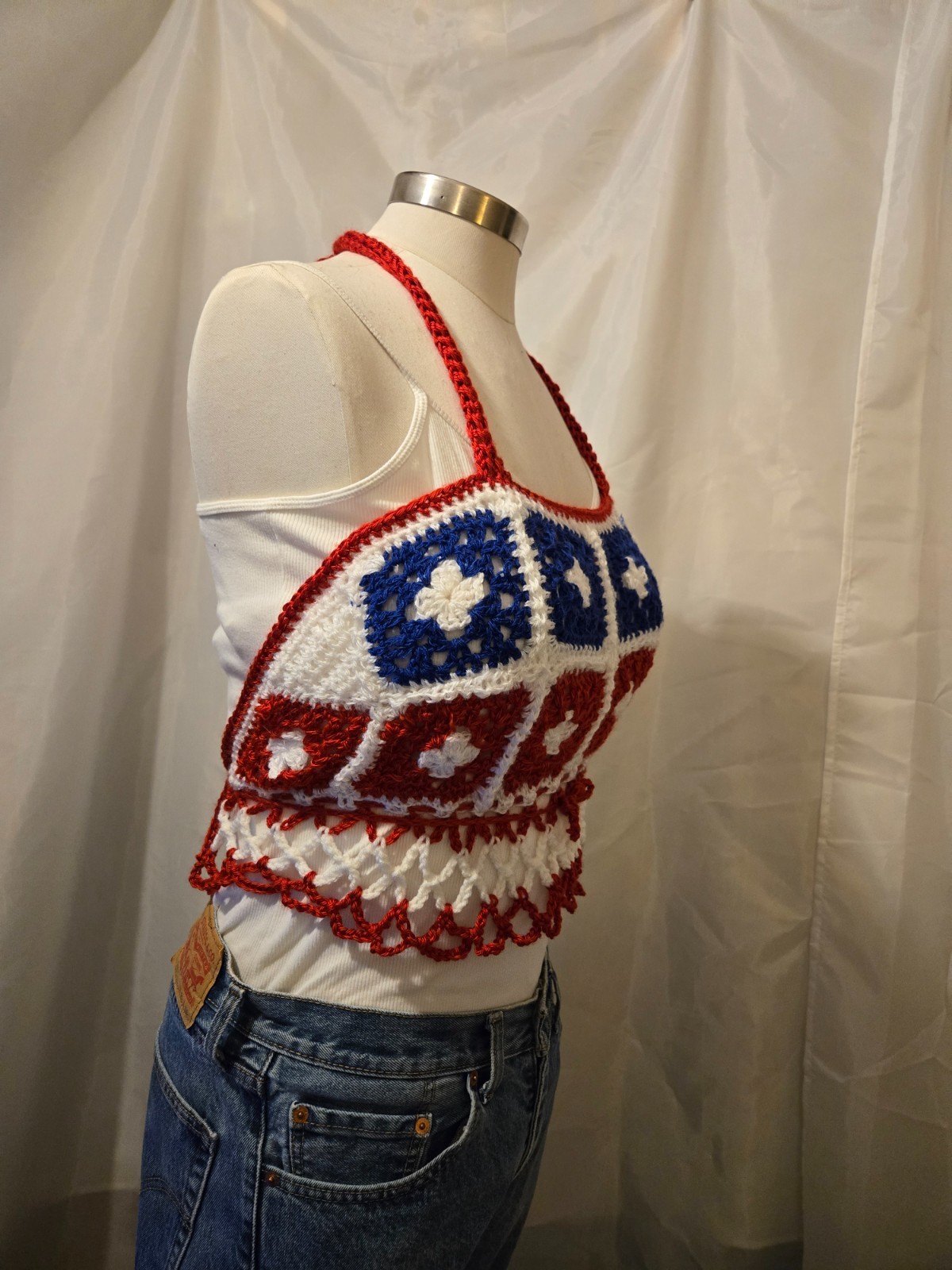 New Red White Blue Granny square Halter top Draw string tie Handmade Crocheted