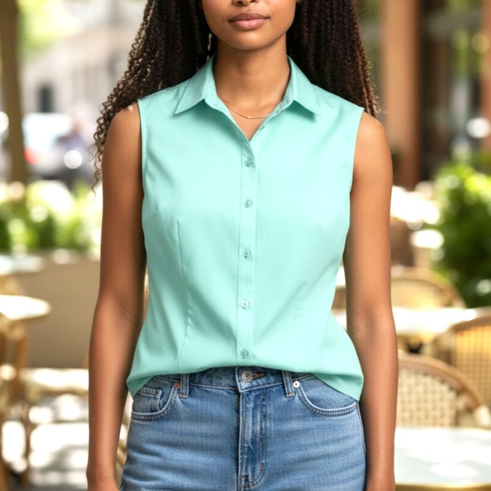 Talbots Women’s M Light Blue Sleeveless Button Up Shirt Wrinkle Resistant Cotton