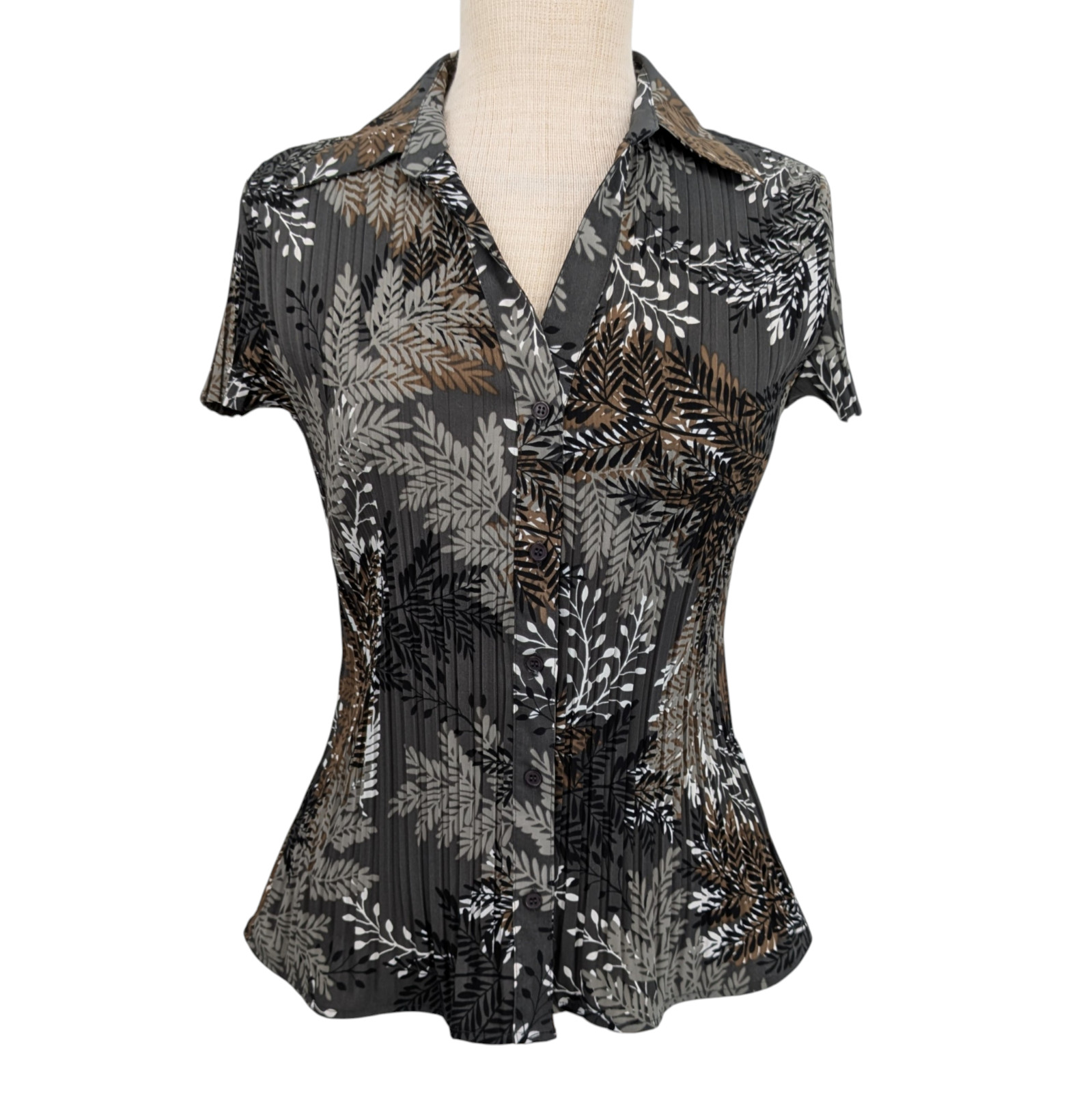 Vintage Floral Accordion Pleat Blouse PM 90s Y2K Gray Black Tan Earthy Office