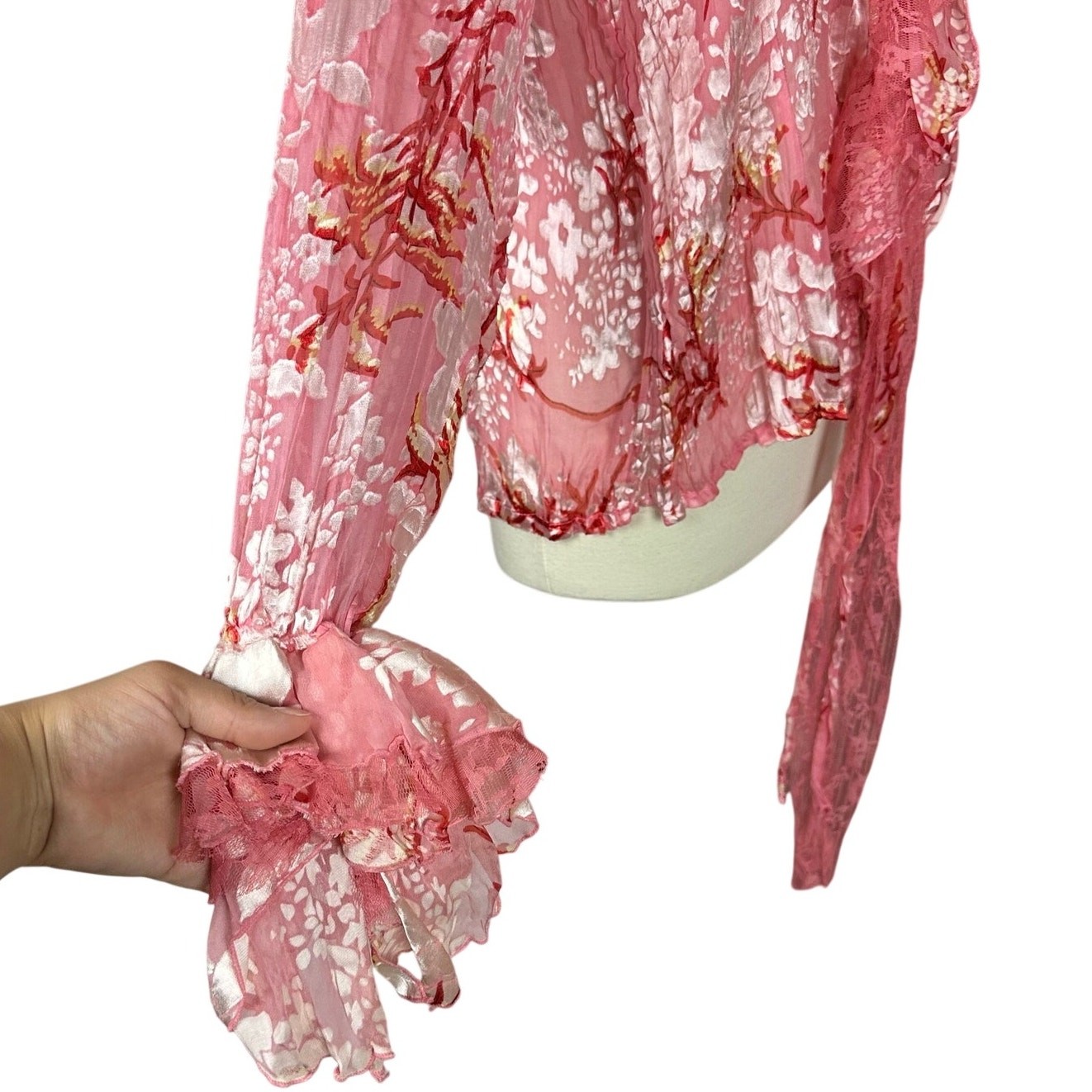 Y2K Fantazia Pink Lace Blouse Victorian Silk Blend Sheer Whimsy Womens Size XL