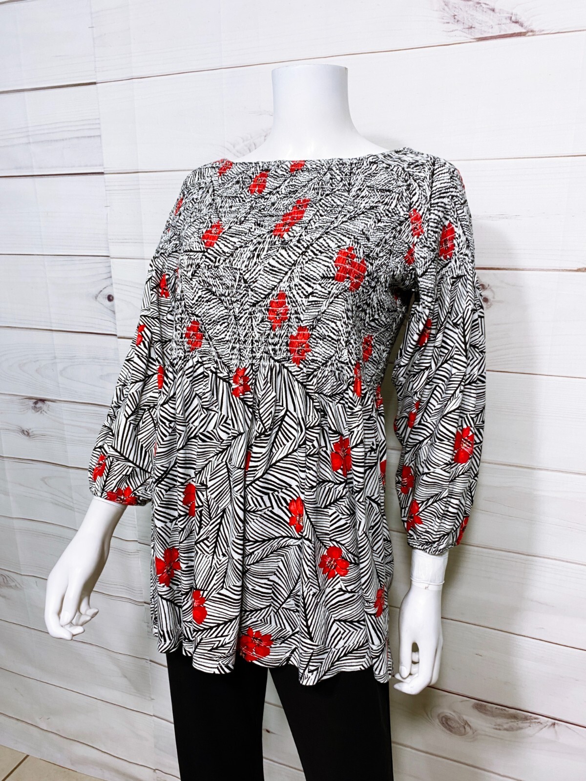 J. Jill Womens Top Size M Multicolor Floral Striped Elastic Neck 3/4 Sleeve