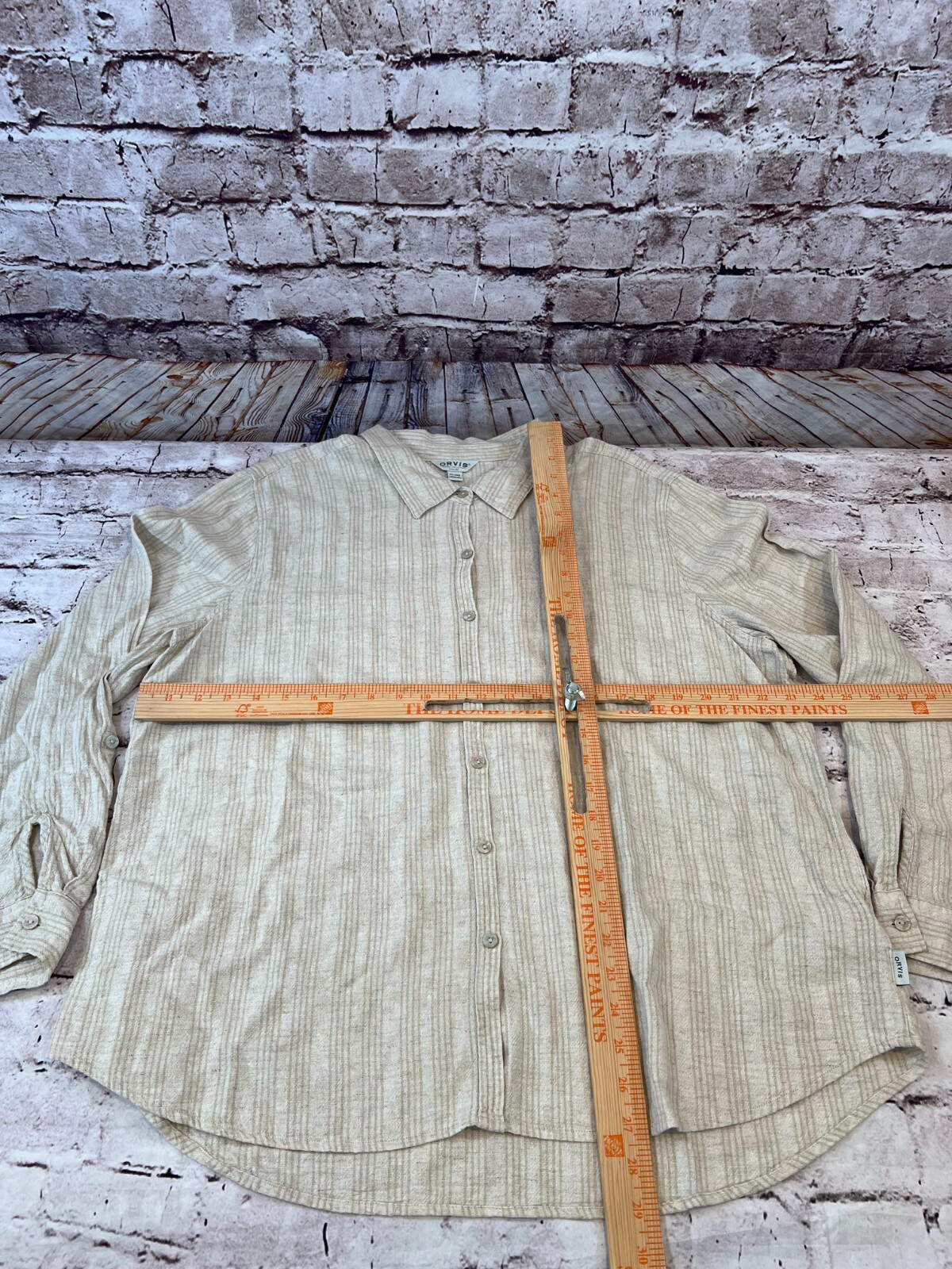 Orvis Women’s Beige Striped Long Sleeve Roll Tab Linen Blend Button Up Shirt XXL