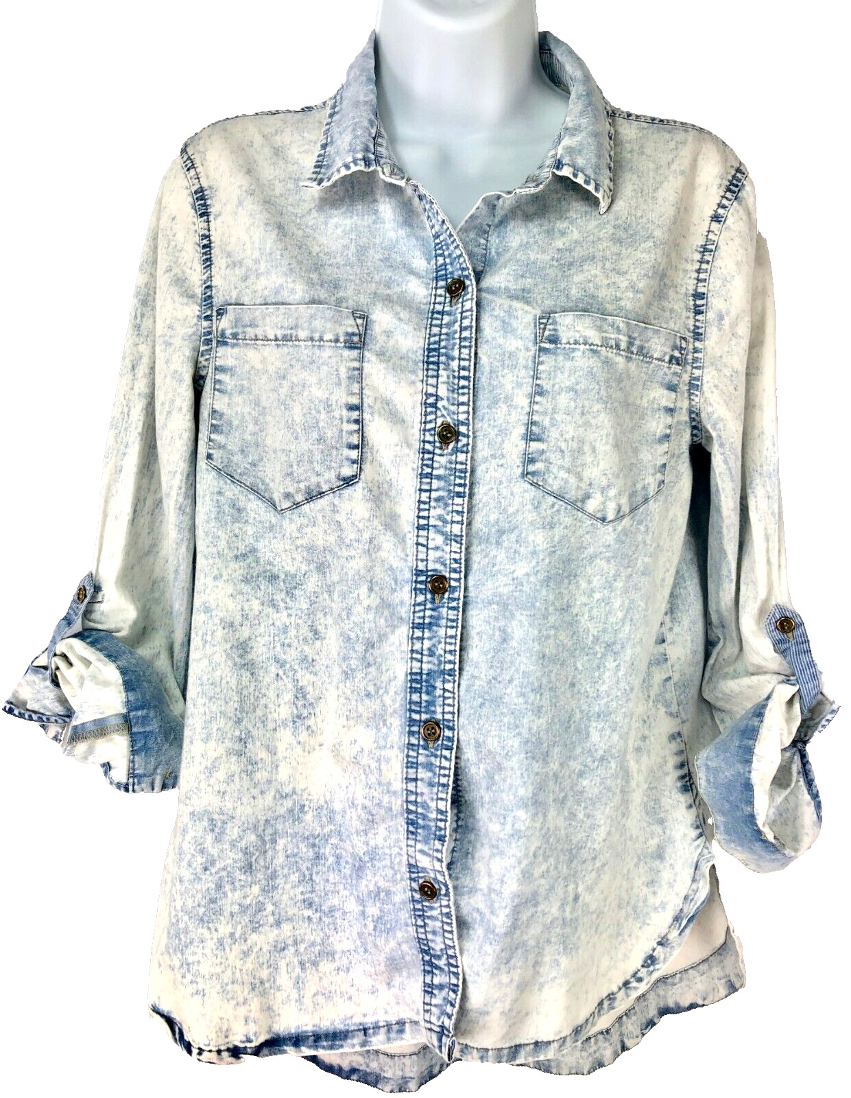 LOVE NOTES Womens Blouse/Shirt S Roll Tab Sleeve Blue/Bleached Look Pockets