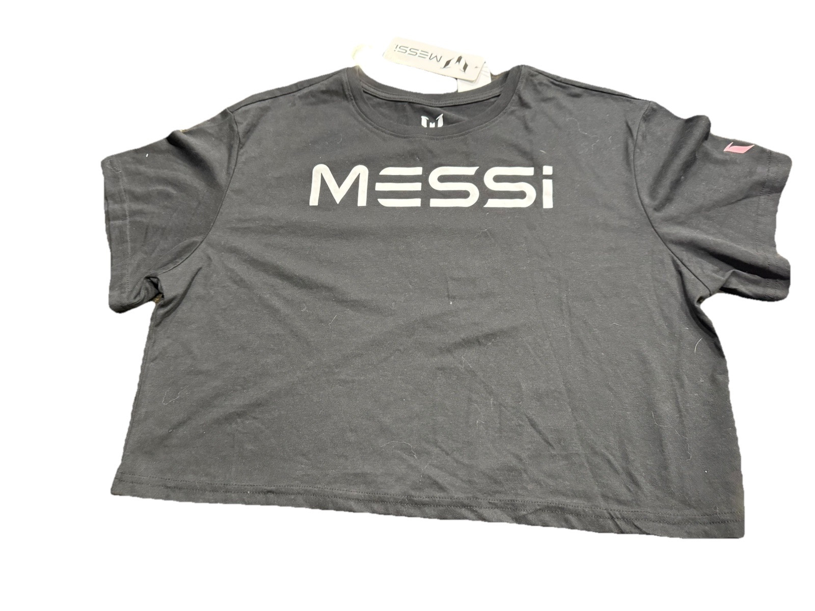 Messi Black Graphic T-Shirt/Crop Top | Ladies Size L | Pink 10 on Back | Soccer