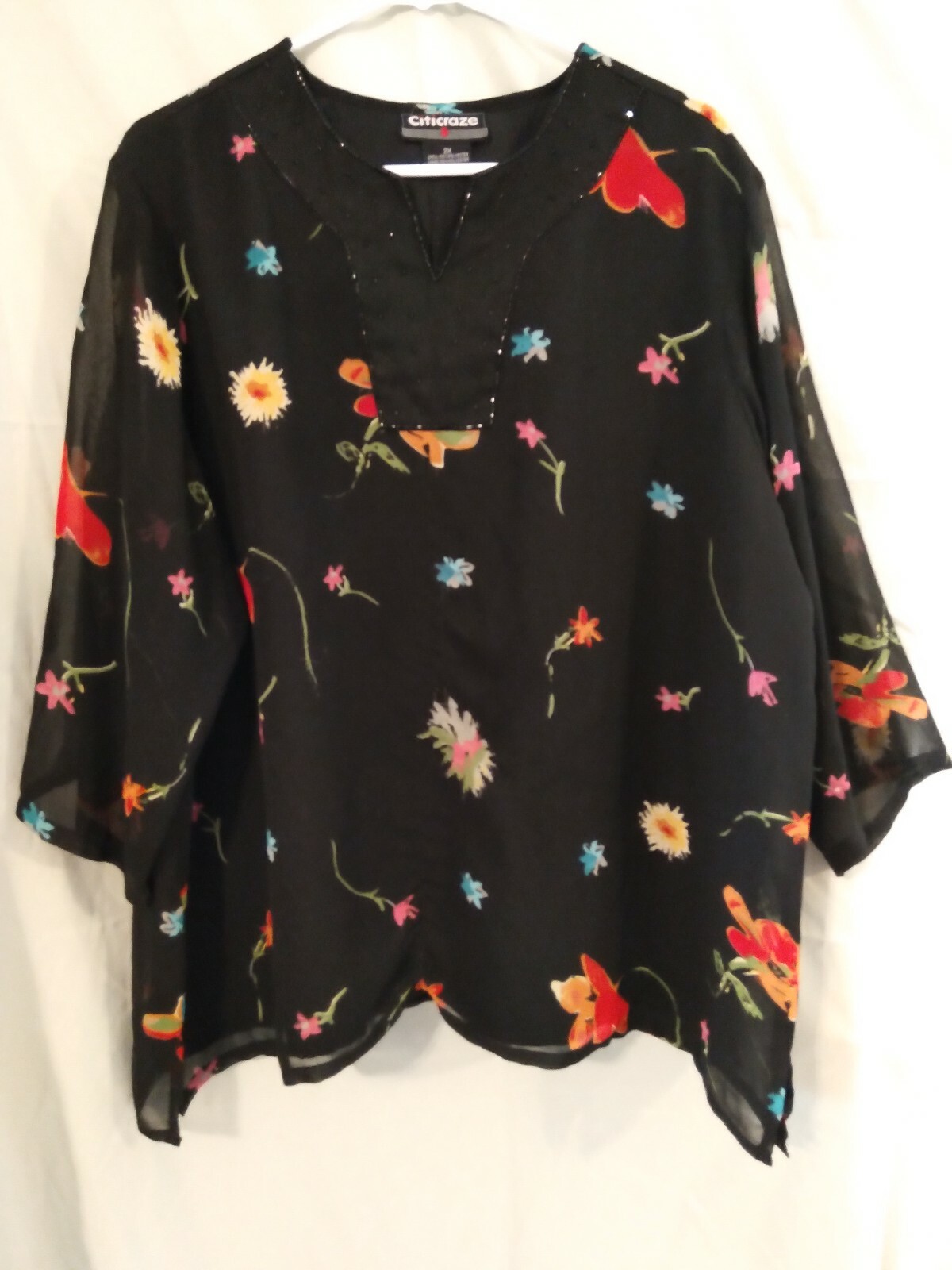Women’s CITICRAZE sheer Black Blouse Size 1X Top shirt lining beaded