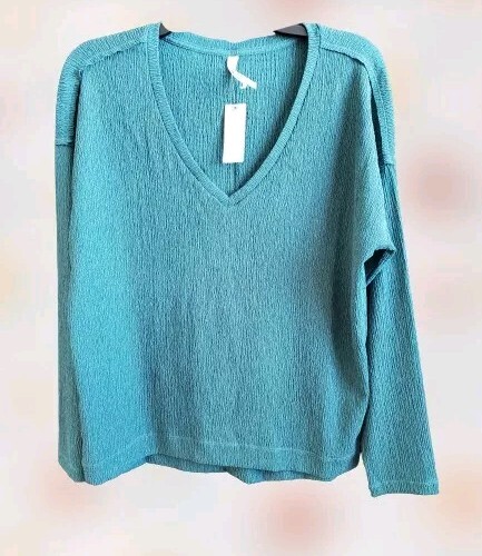 Anthropologie Crinkle Deep V Neck Long Sleeves Top, Large, Aqua Blue Green