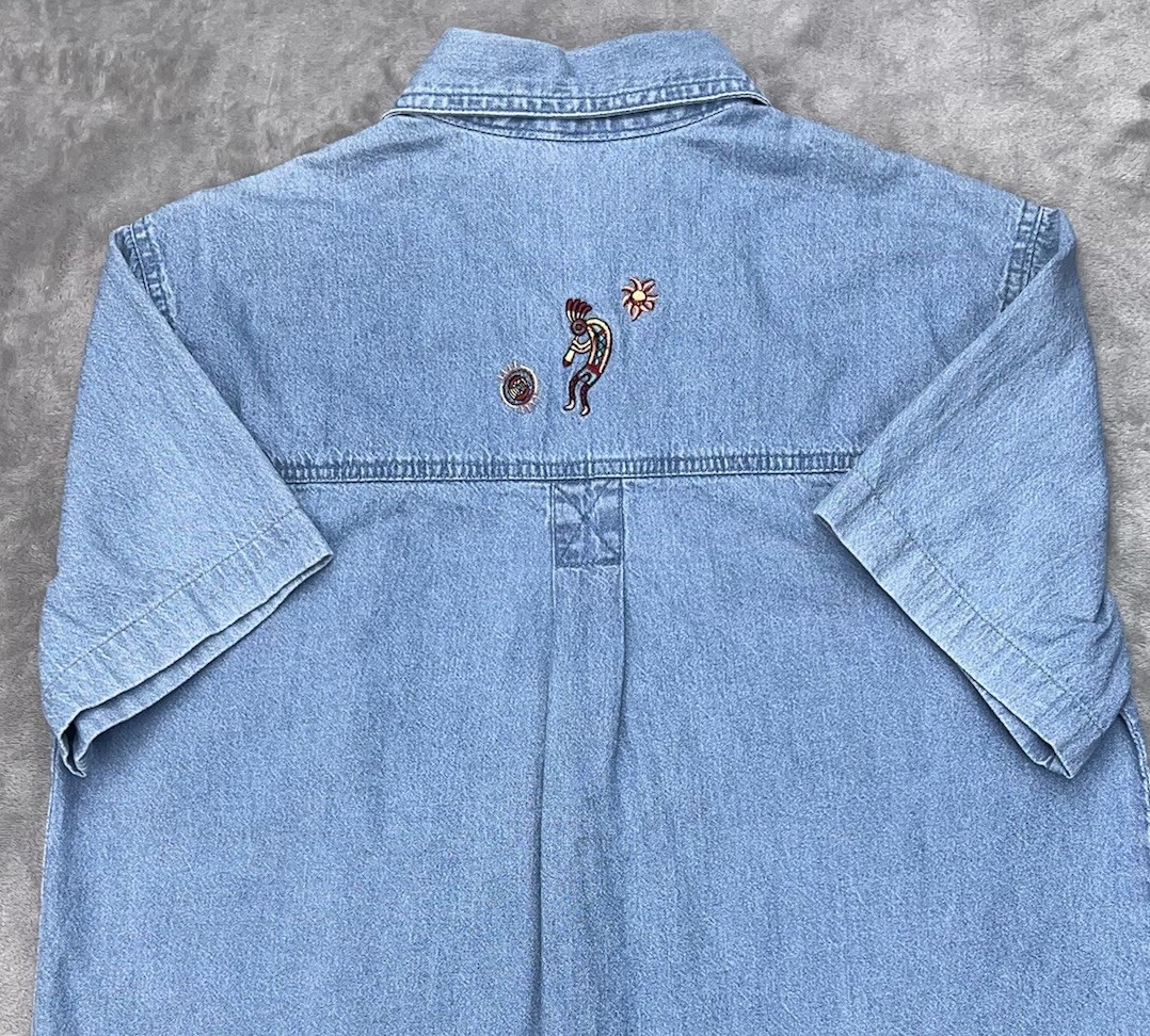 Vtg PASSION-I Denim Shirt Women Small Short Sleeve Southwest Kokopelli Aztec Y2K